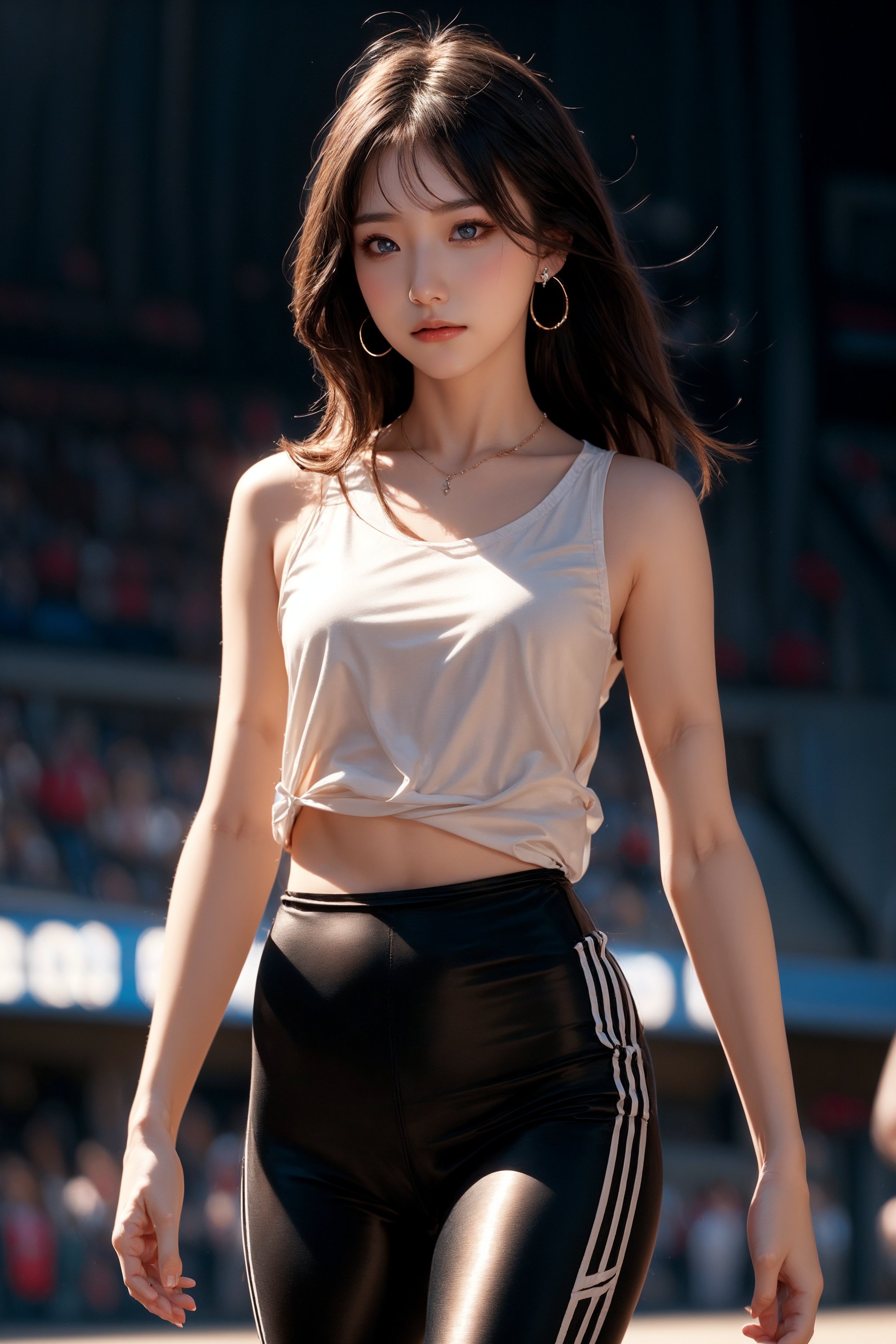 background is stadium,
18 yo, 1 girl, beautiful korean girl, running, wearing leggings(short), 
solo, {beautiful and detailed eyes}, dark eyes, calm expression, delicate facial features, ((model pose)), Glamor body type, (dark hair:1.2),very_long_hair, hair past hip,curly hair,bangs,
simple tiny necklace,simple tiny earrings, flim grain, realhands, masterpiece, Best Quality, 16k, photorealistic, ultra-detailed, finely detailed, high resolution, perfect dynamic composition, beautiful detailed eyes, eye smile, ((nervous and embarrassed)), sharp-focus, full_body, cowboy_shot,midjourney