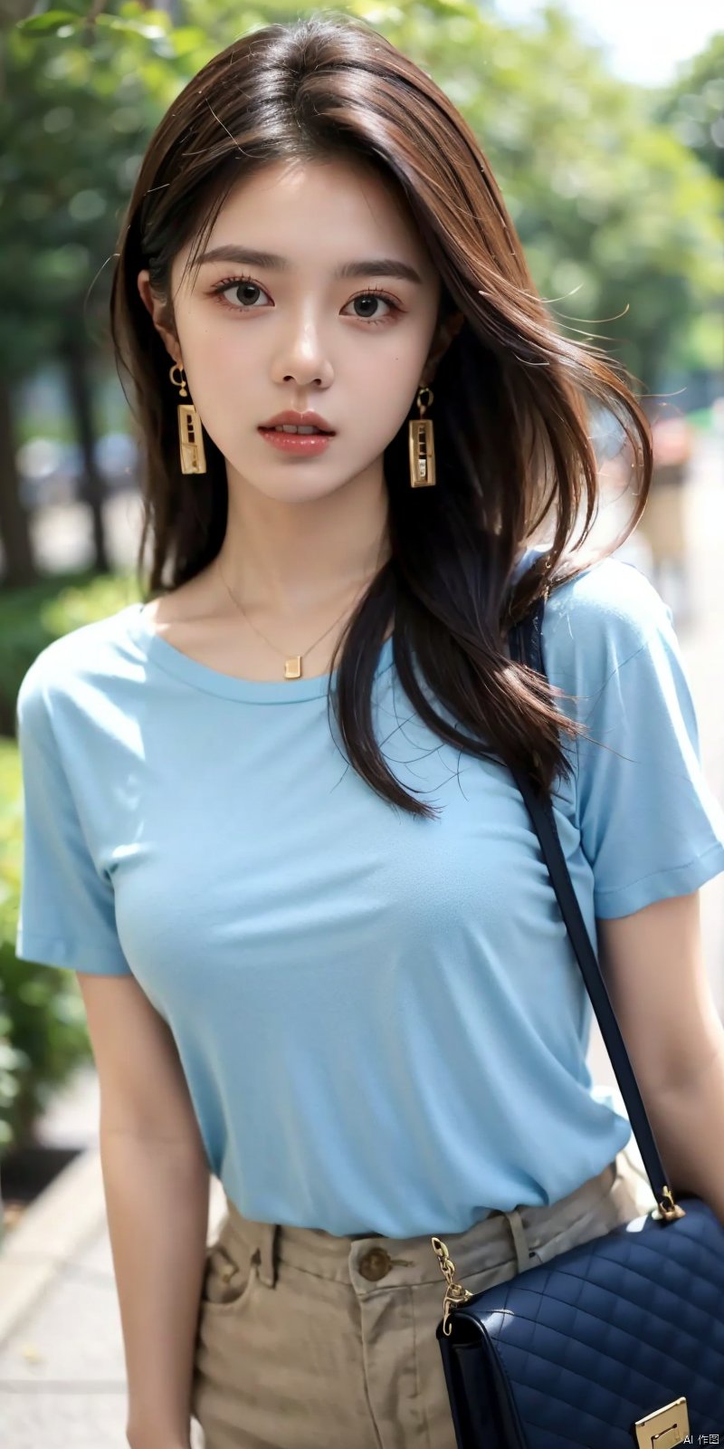 (Good structure), DSLR Quality,
jinmai, 1girl, solo, blue shirt, shirt, bag, long hair, parted lips, short sleeves, brown hair, handbag, realistic, blurry, blurry background, lips, jewelry, earrings