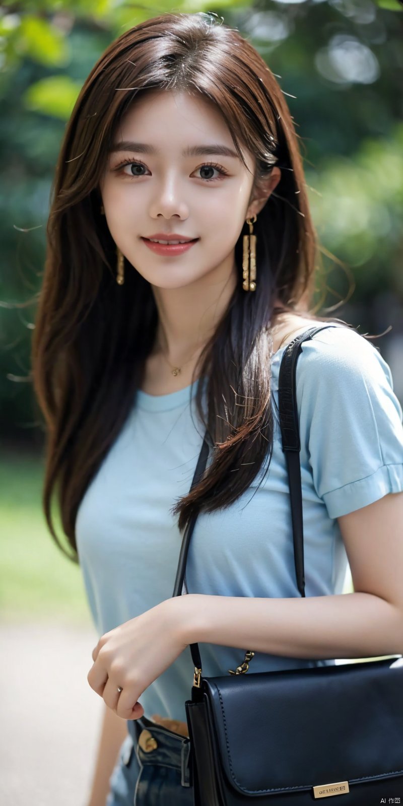 (Good structure), DSLR Quality,
jinmai, 1girl, solo, blue shirt, shirt, bag, long hair, parted lips, short sleeves, brown hair, handbag, realistic, blurry, blurry background, lips, jewelry, earrings,looking_at_viewer,kind smile