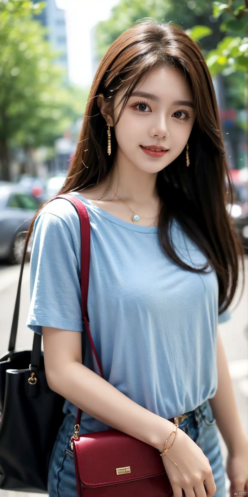 (Good structure), DSLR Quality,
jinmai, 1girl, solo, blue shirt, shirt, bag, long hair, parted lips, short sleeves, brown hair, handbag, realistic, blurry, blurry background, lips, jewelry, earrings,looking_at_viewer,kind smile