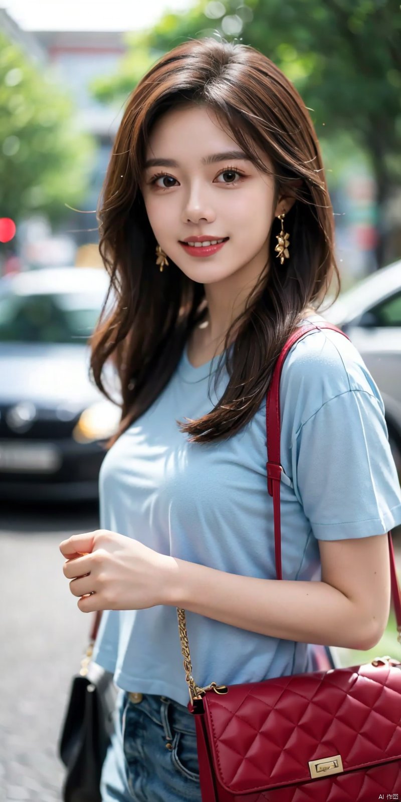 (Good structure), DSLR Quality,
jinmai, 1girl, solo, blue shirt, shirt, bag, long hair, parted lips, short sleeves, brown hair, handbag, realistic, blurry, blurry background, lips, jewelry, earrings,looking_at_viewer,kind smile