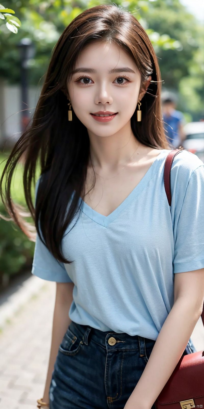 (Good structure), DSLR Quality,
jinmai, 1girl, solo, blue shirt, shirt, bag, long hair, parted lips, short sleeves, brown hair, handbag, realistic, blurry, blurry background, lips, jewelry, earrings,looking_at_viewer,kind smile