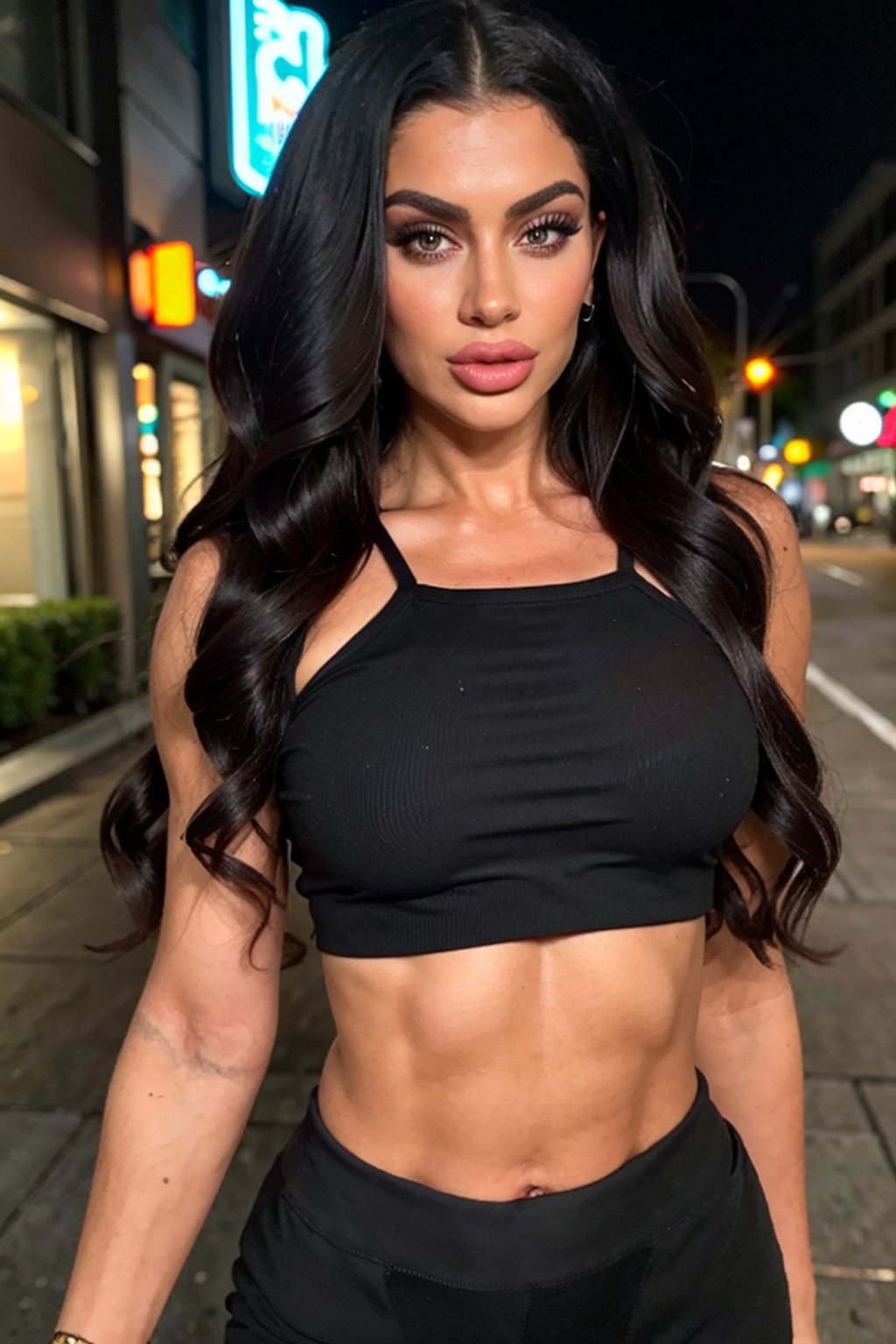 ((Realistic lighting, Best quality, 8K, Masterpiece: 1.3)), Clear focus: 1.2, 1girl, Perfect Figure: 1.4, Slim Abs: 1.1, ((long curly hair)), (black crop top: 1.4), (Outdoor, Night: 1.1), City streets, Super fine face, Fine eyes, Double eyelids,