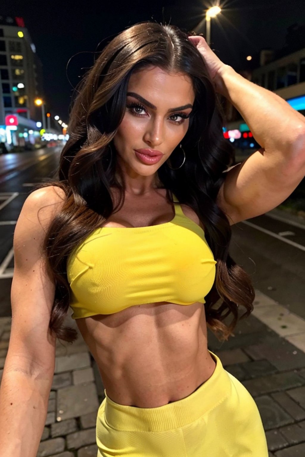 ((Realistic lighting, Best quality, 8K, Masterpiece: 1.3)), Clear focus: 1.2, 1girl, Perfect Figure: 1.4, Slim Abs: 1.1, ((long curly hair)), (yellow crop top: 1.4), (Outdoor, Night: 1.1), City streets, Super fine face, Fine eyes, Double eyelids,