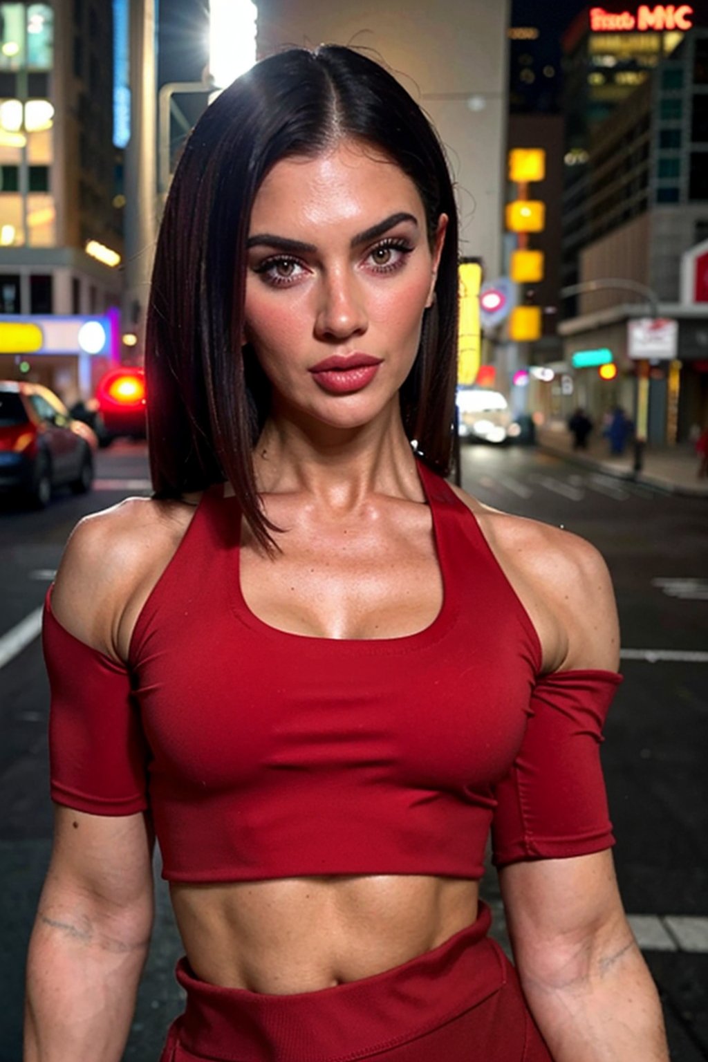 ((Realistic lighting, Best quality, 8K, Masterpiece: 1.3)), Clear focus: 1.2, 1girl, Perfect Figure: 1.4, Slim Abs: 1.1, ((Dark brown hair)), (red crop top: 1.4), (Outdoor, Night: 1.1), City streets, Super fine face, Fine eyes, Double eyelids,