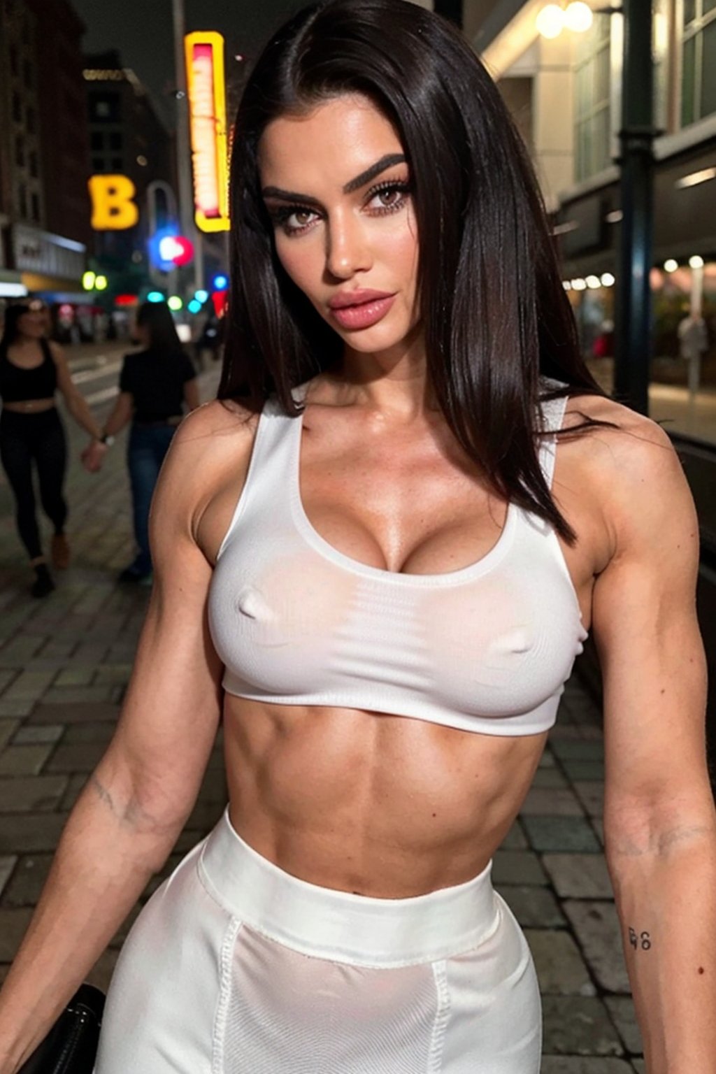 ((Realistic lighting, Best quality, 8K, Masterpiece: 1.3)), Clear focus: 1.2, 1girl, Perfect Figure: 1.4, Slim Abs: 1.1, ((Dark brown hair)), (White crop top: 1.4), (Outdoor, Night: 1.1), City streets, Super fine face, Fine eyes, Double eyelids,