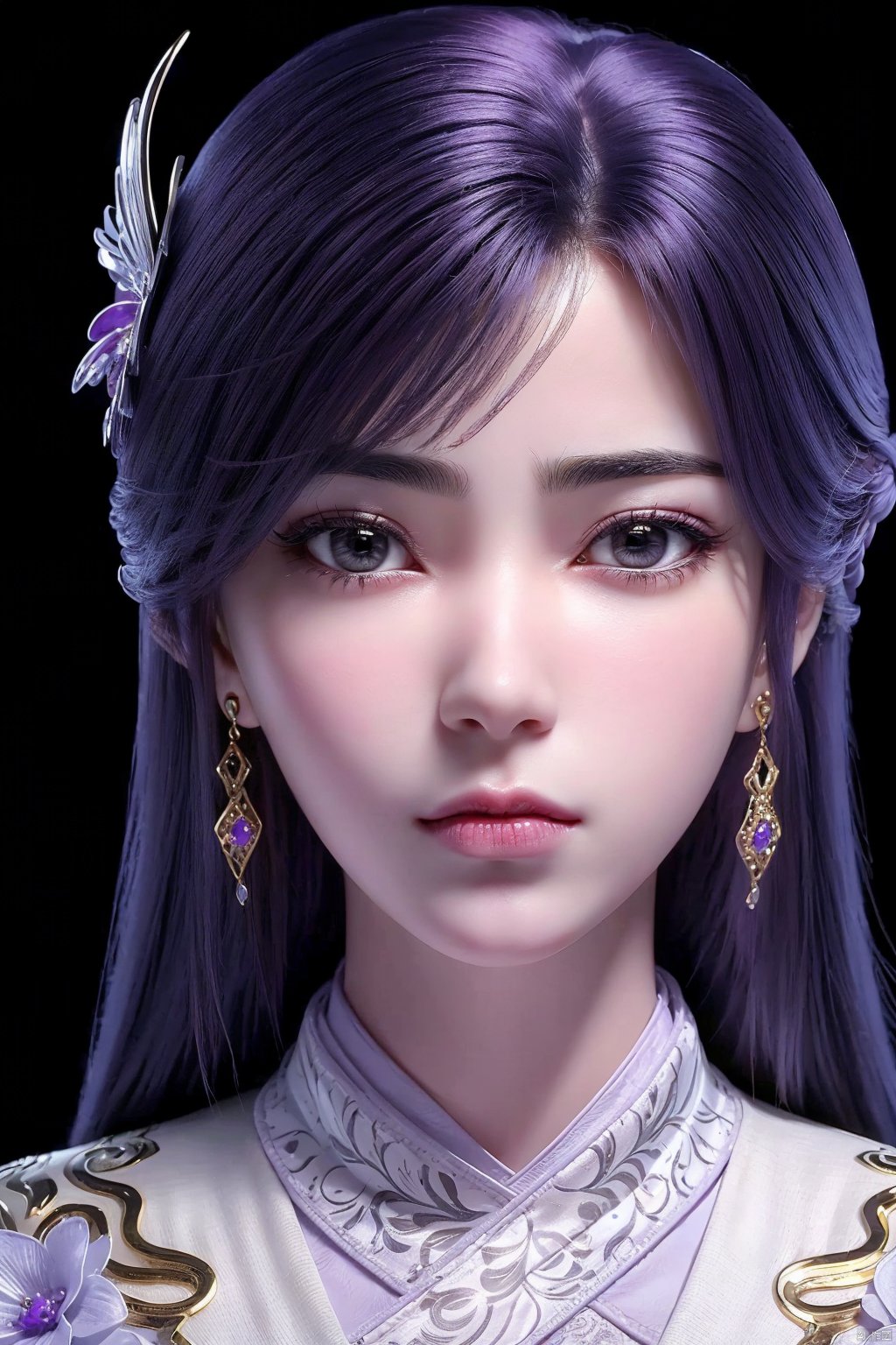 1girl, solo, earrings, hair ornament, jewelry, long hair, black background, purple hair, looking at viewer, portrait, closed mouth, realistic, yunxi<lora:EMS-320108-EMS:0.800000>