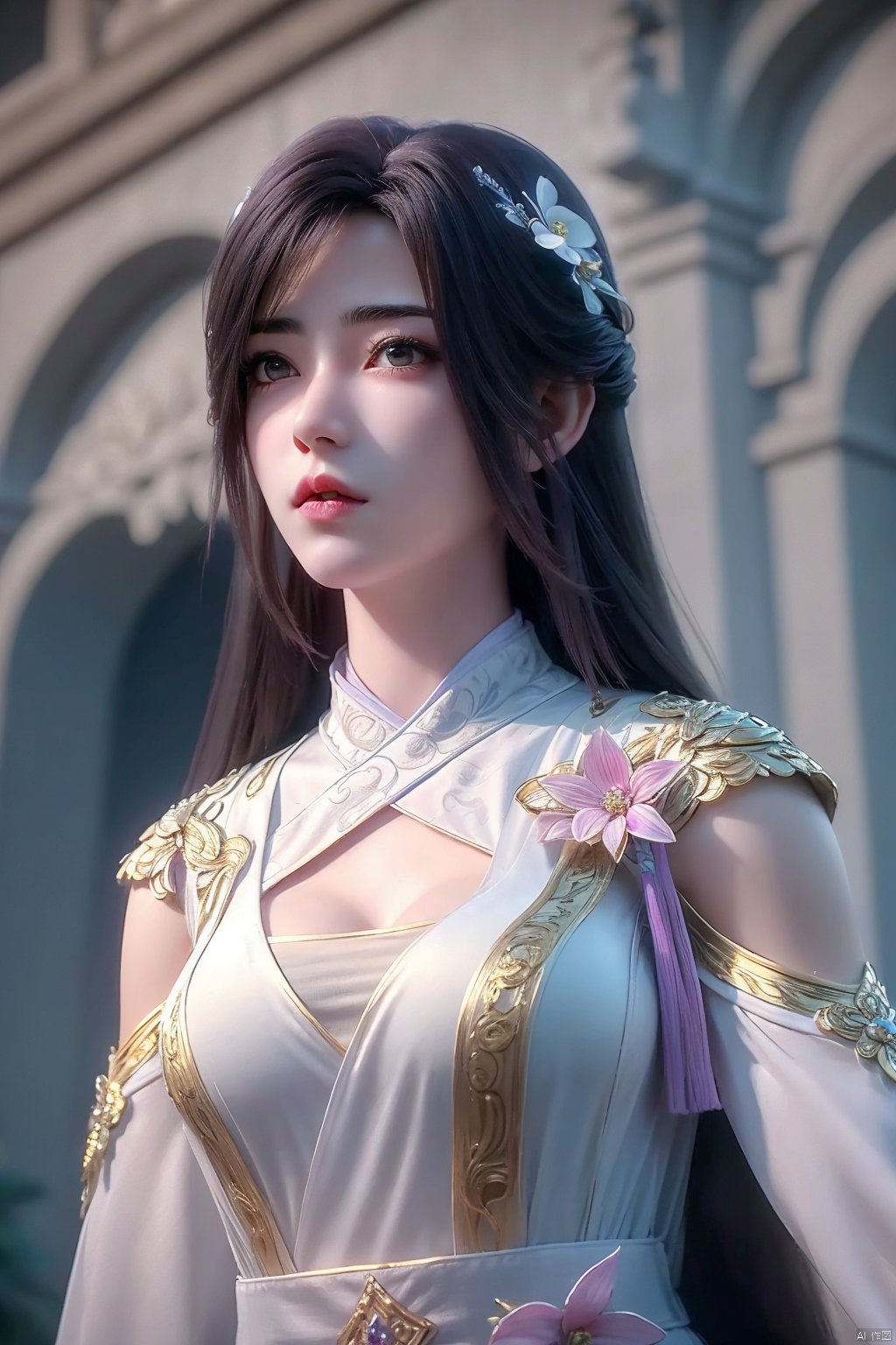 1girl, hair ornament, solo, long hair, brown hair, blurry background, realistic, flower, white dress, dress, upper body, blurry, closed mouth, lips, yunxi<lora:EMS-320108-EMS:0.800000>