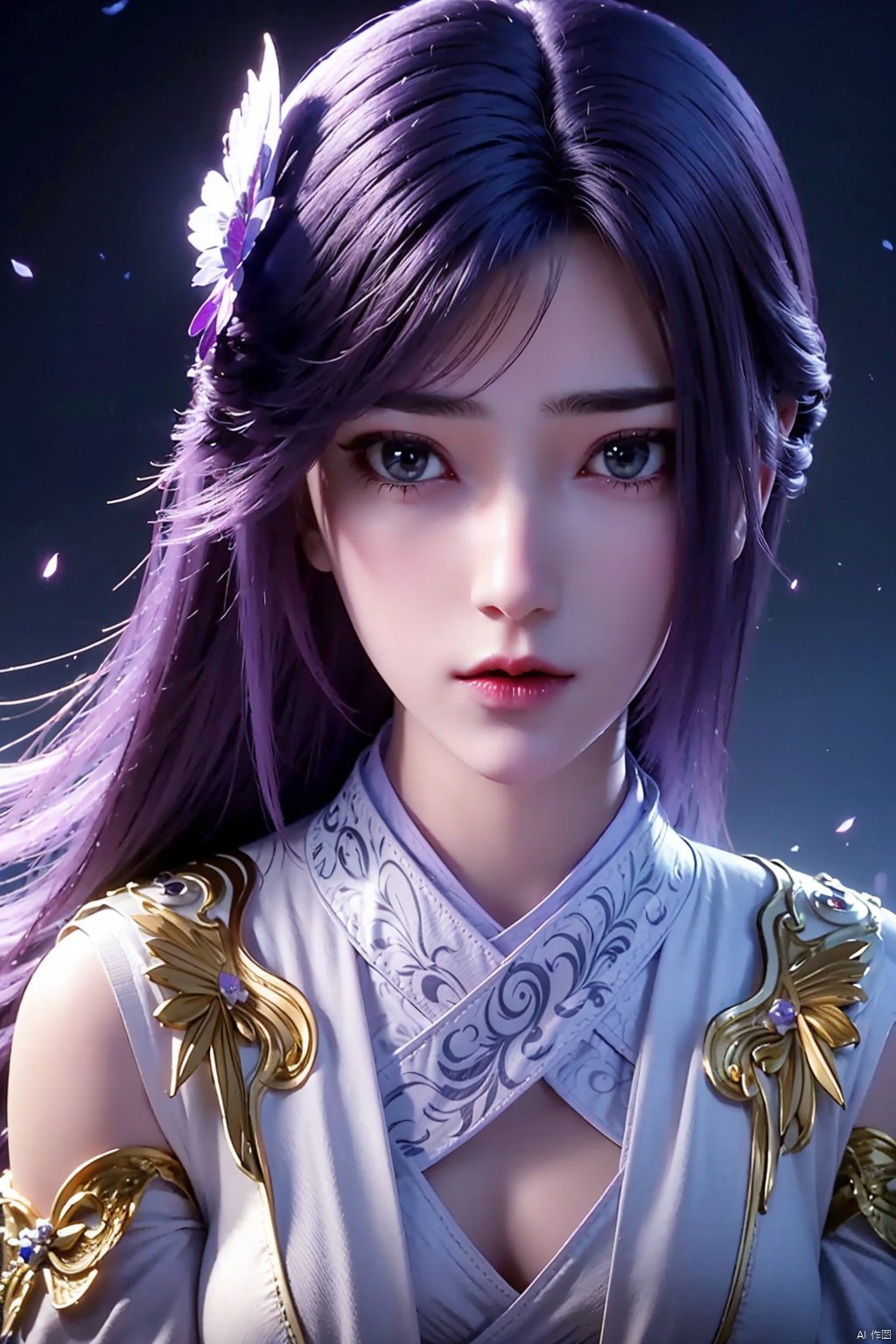 1girl, solo, long hair, looking at viewer, hair ornament, dress, closed mouth, upper body, purple hair, expressionless, yunxi<lora:EMS-320342-EMS:0.800000>