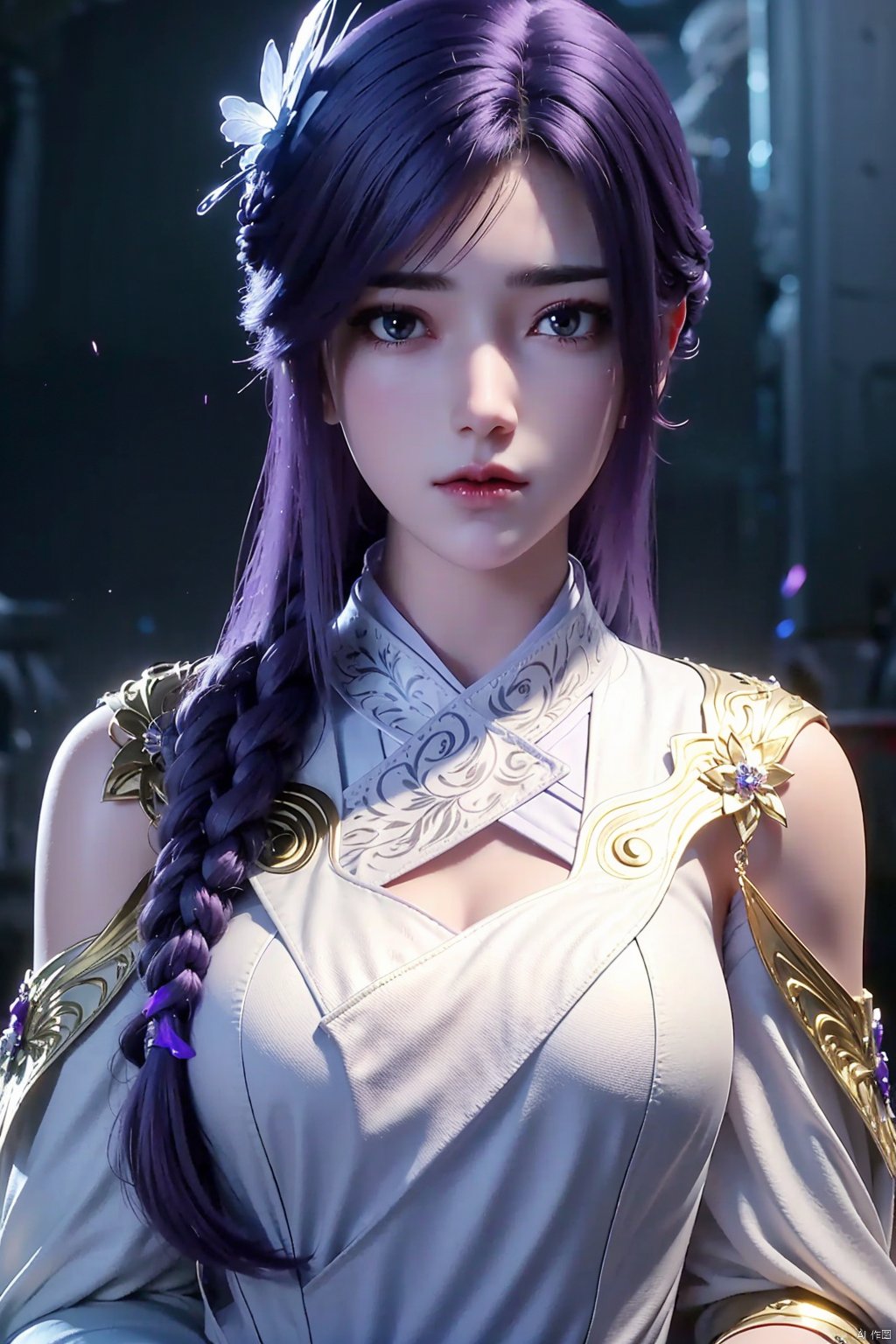 1girl, solo, long hair, looking at viewer, hair ornament, dress, closed mouth, upper body, purple hair, expressionless, yunxi<lora:EMS-320342-EMS:0.800000>