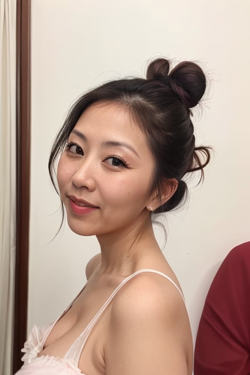 Photograph of  40 years old asian milf, housewife , bust up photo, (( hair bun)) , photorealistic, ,M_K_XiuMe ZuoYe