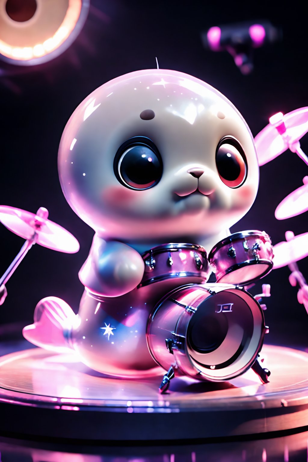 A cute seal with big pious eyes, a pink translucent PVC body, a guitar on its back, a stage, a drum kit, a microphone, and a starry sky