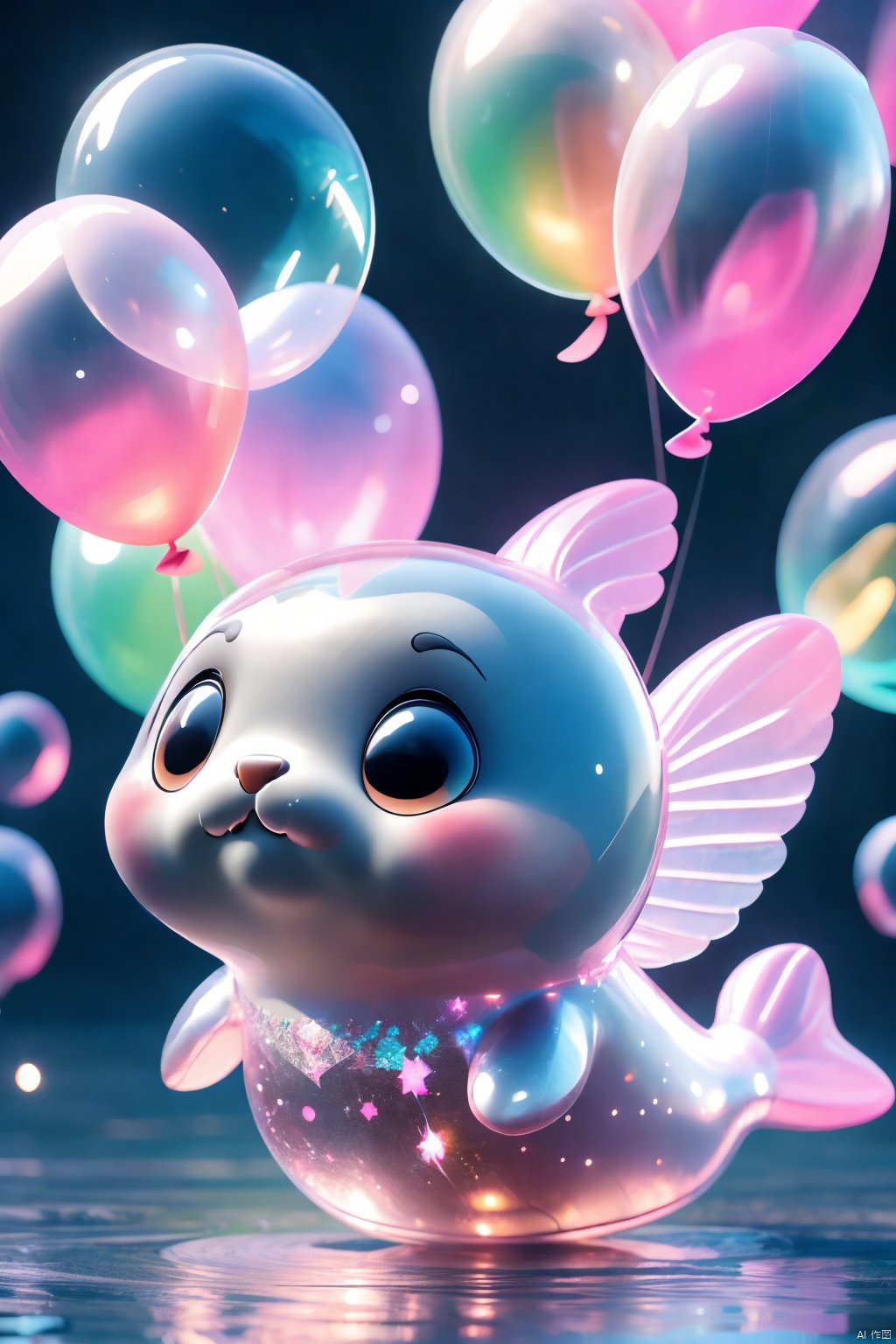 Cute pink seal, (transparent pink PVC body), (transparent body), diamond sparkling body,Many balloons, colorful balloons, bubbles, dreams, 3d stely<lora:EMS-320188-EMS:0.700000>