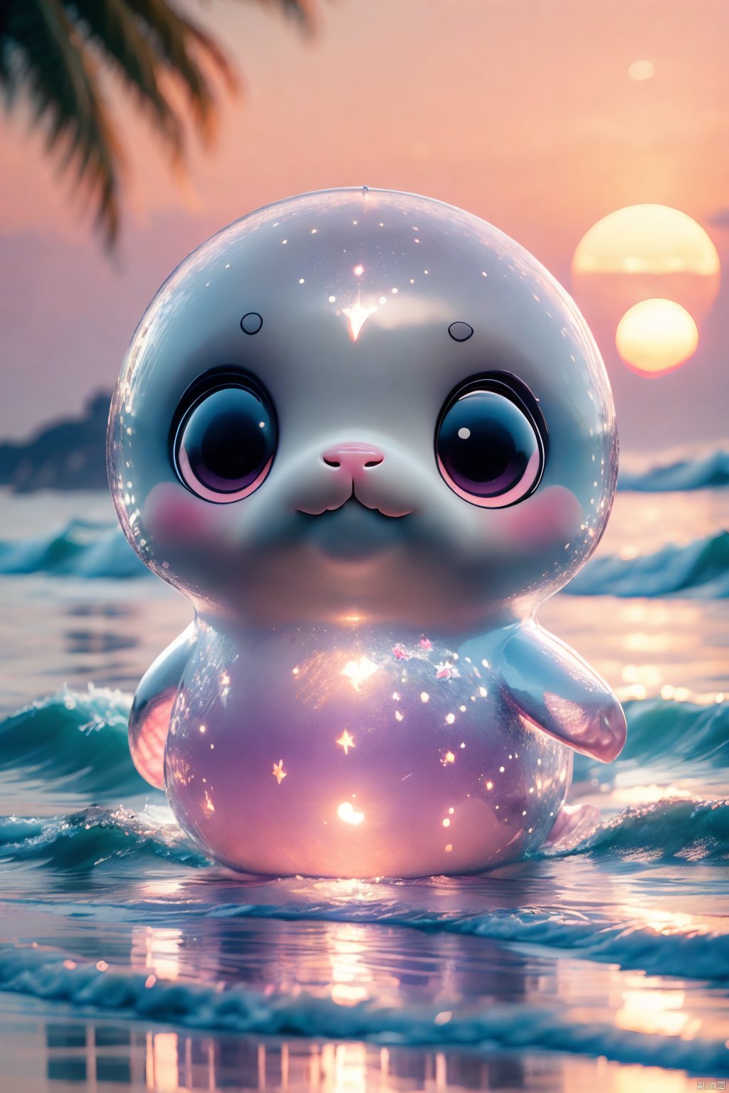 Cute pink seal, (transparent pink PVC body), (transparent body), diamond sparkling body, beach, in the background, there is a palm tree with long and thin leaves, and the sky is painted pink and purple, suggesting a sunrise or sunset., 3d stely<lora:EMS-320188-EMS:0.700000>