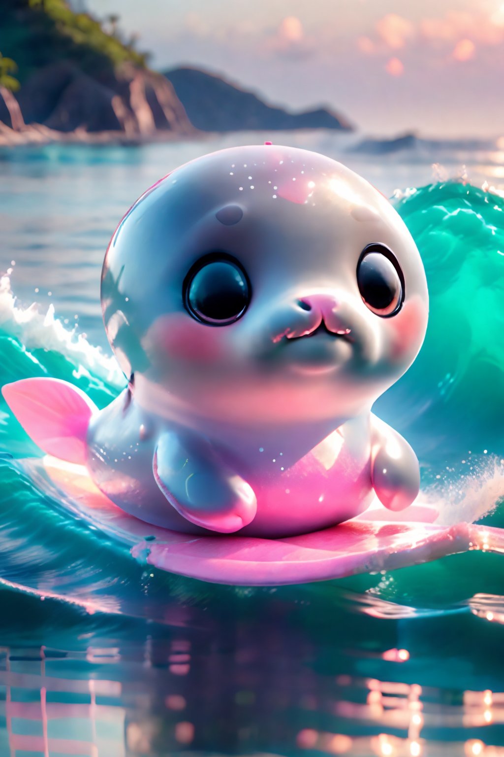 Cute pink seal, translucent pink pvc body, waves, sea water, banana boat