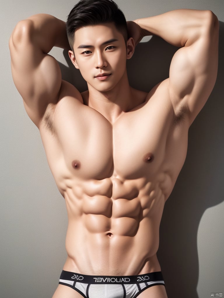 solo, 1boy, muscular, male focus, muscular male, bara, navel, nipples, short hair, pectorals, armpit hair, male underwear, abs, black hair, large pectorals, underwear, arm behind head, looking at viewer, artist name, armpits