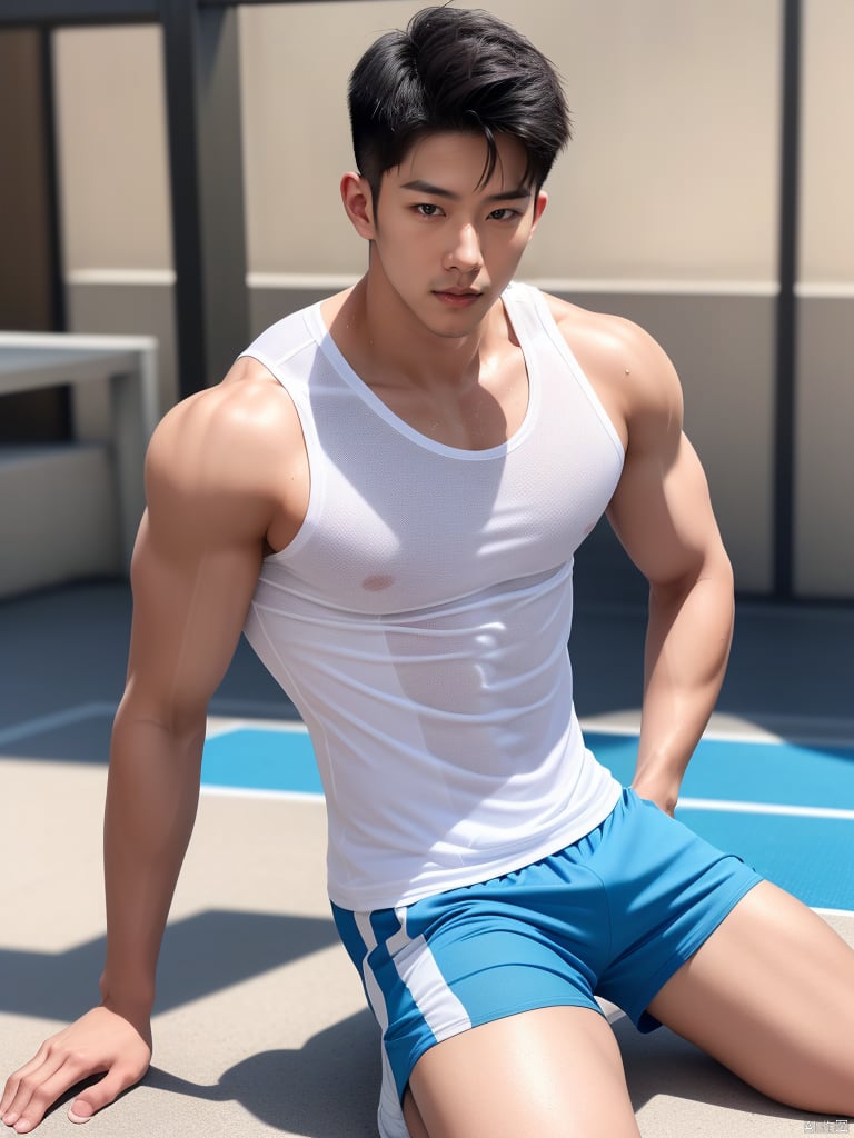  (masterpiece, bright colors, handsome, Asian, open eyes:1.2),handsome,muscular,1male, tight white tank top, sweating, kneeling, Asian, handsome, Sharp muscular lines, big dick under shorts, tight shorts, looking at viewer, delicate and pretty, drip with sweat