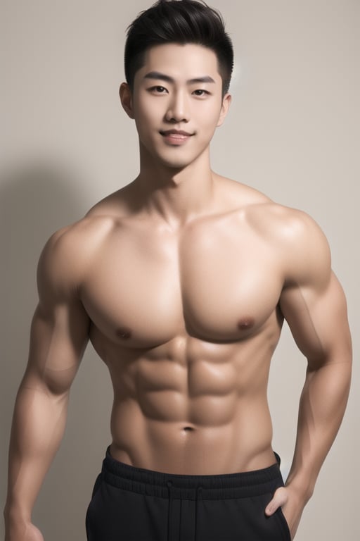 <lora:asian_muscle_man_v3:0.6> (masterpiece, bright colors, realistic, handsome, Asian, open eyes:1.2) ,1boy, male focus, solo, muscular, abs, smile, realistic, topless male, black hair, pants, grin, nipples, pectorals, looking at viewer