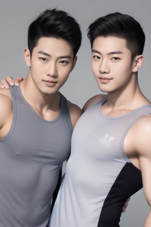 <lora:asian_muscle_man_v3:0.6> (masterpiece, bright colors, realistic, handsome, Asian, open eyes:1.2) ,multiple boys, 2boys, tank tops, male focus, closed mouth, short hair, black tank tops, muscular, bulge, briefs, muscular male, black hair, yaoi, black hair, looking at viewer, smile, bara, male underwear, black shirt, underwear, drip in sweat, two people