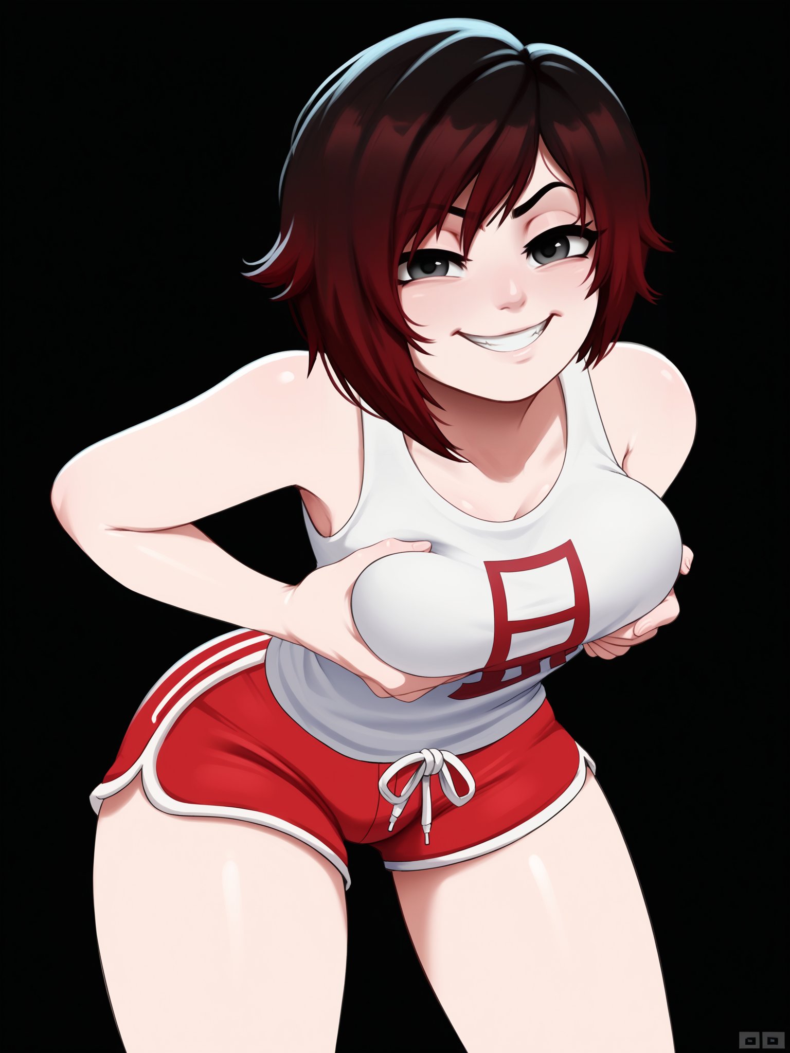 score_9, score_8_up, score_7_up, score_6_up, score_5_up, score_4_up,BREAKruby rose, black eyes, (black hair:1.1), gradient hair, red hair, smug,BREAKsolo, standing, cowboy shot, medium breasts, thick thighs, white tank top, red sport shorts, arched back, leaning forward, breast grab, groping, breast squeeze,BREAKblack background, simple background, jlullaby, shiny skin, <lora:Lunas-JLullaby-SDXL-A3:1>