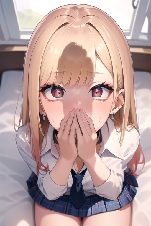 masterpiece, best quality, ultra detailed, high-resolution, 8k, detailed beautiful face and eyes, 
from above, sitting on the bed, face forcus, surprised face,excited,flushed cheeks, bright pupils, apricot eyes,
covering mouth with hands, penis shadow, 

kitagawa marin,1girl, blonde hair, long hair, multicolored hair, red eyes, jewelry, earrings, piercing, school uniform, white shirt, tied shirt, black choker, blue necktie, plaid skirt,penis shadow