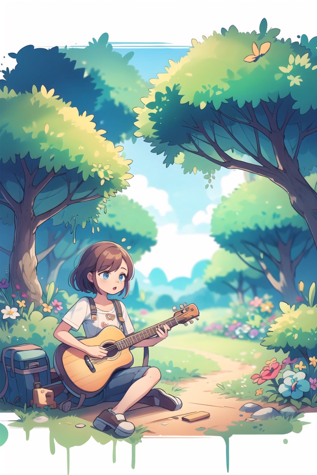 1girl,guitar,outdoors,WtrClr, (white background:1.2),
