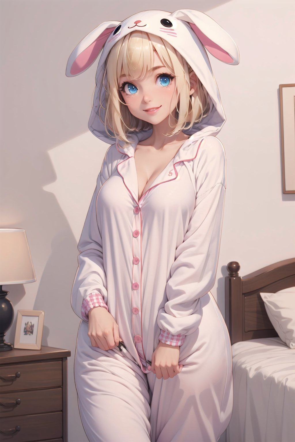 girl,onesie pajama,cleavage,smile,blonde, blue eyes,indoors,BnnBnn