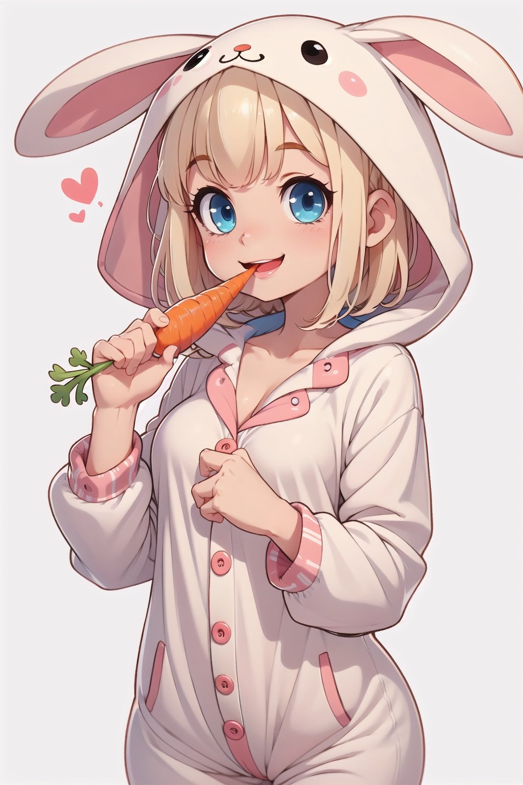 girl,onesie pajama,eating, carrot,cleavage,smile,blonde, blue eyes,BnnBnn