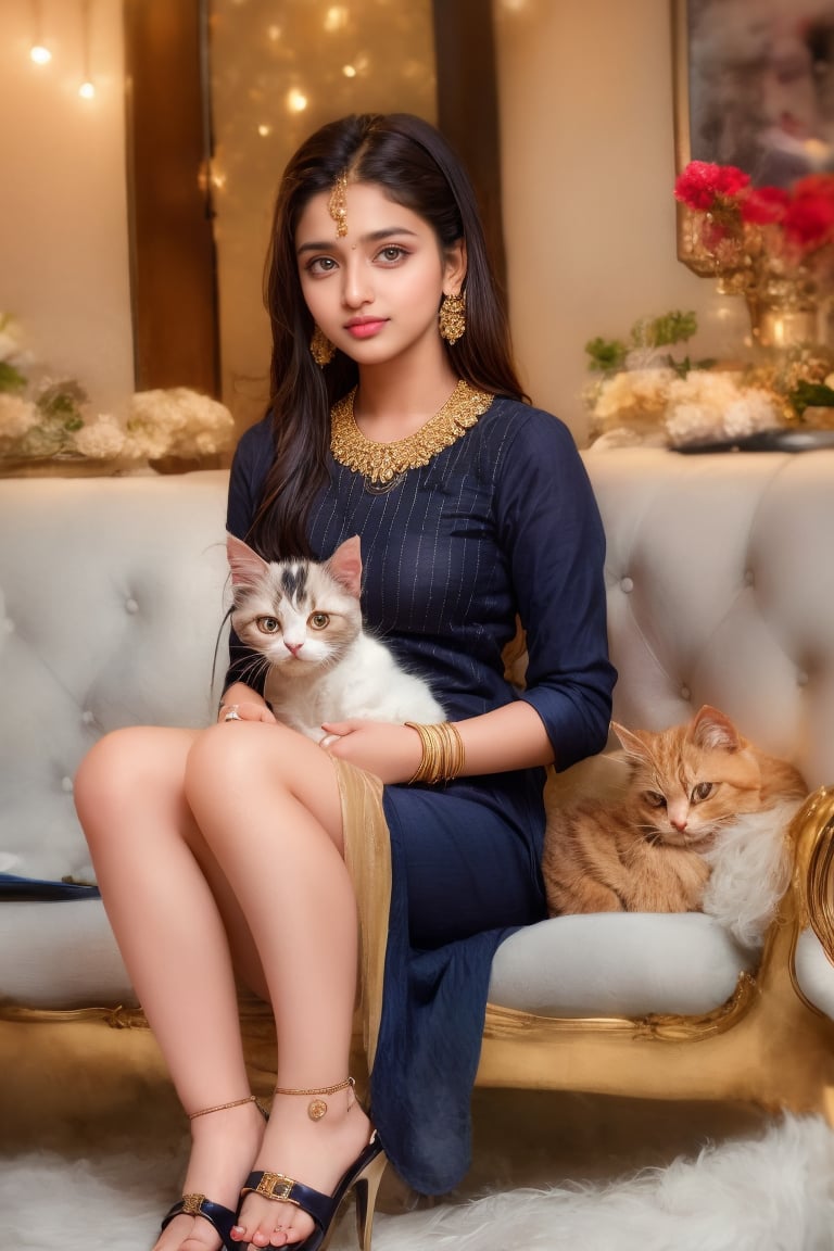 portrait of a girl name atika, full body in frame, round face, Indian bengali girl, Instagram influencer, black long hair, glossy juicy lips,blue eyes cute, kurti, 18-year-old girl, wearing casual clothes, on the couch at home, cuddling with super cute kitten, very innocent kitten in her hands