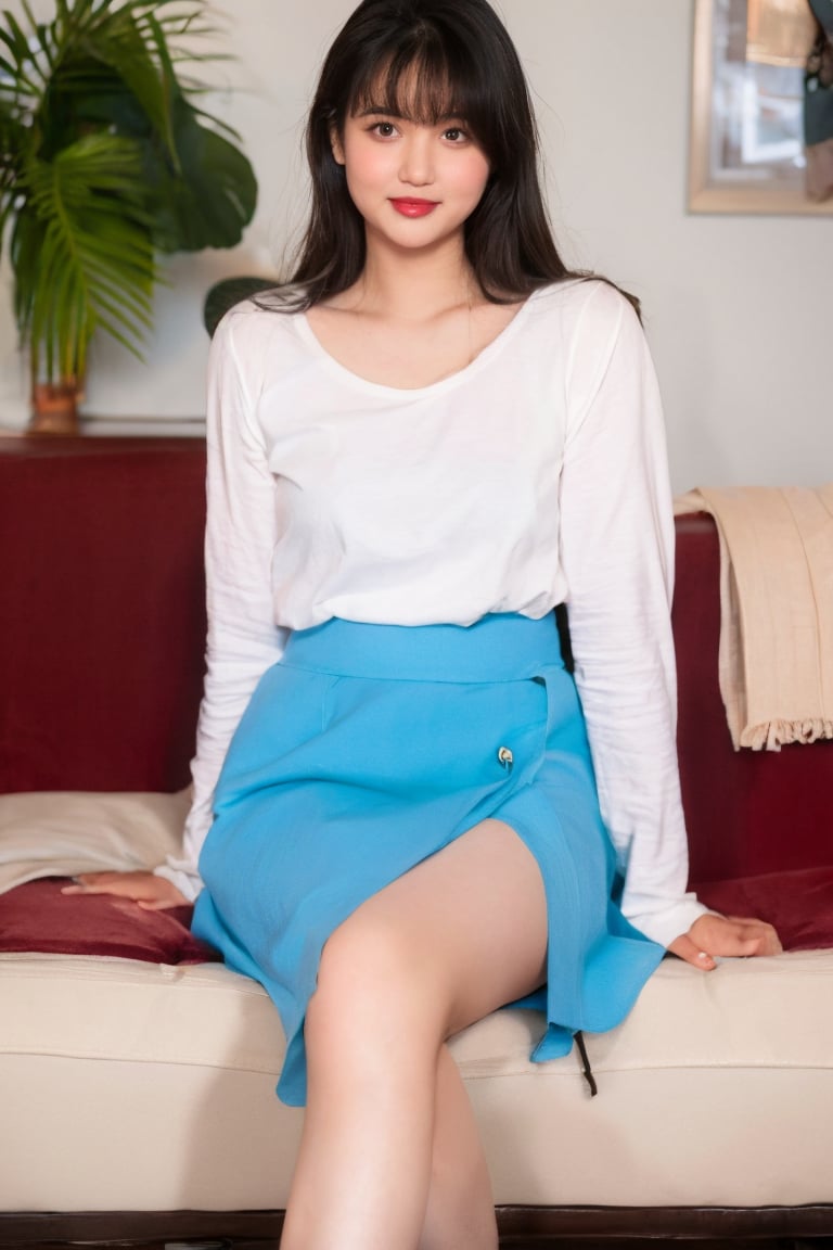 1girl, solo, long hair, breasts, looking at viewer, blush, bangs, skirt, shirt, black hair, long sleeves, brown eyes, medium breasts, sitting, collarbone, white shirt, thighs, pleated skirt, parted lips, indoors, miniskirt, blue skirt, book, feet out of frame, crossed arms,indoors, couch, on couch, @imageized