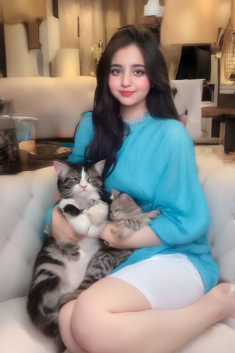 portrait of a girl name atika, full body in frame, round face, Indian bengali girl, Instagram influencer, black long hair, glossy juicy lips,blue eyes cute, kurti, 18-year-old girl, wearing casual clothes, on the couch at home, cuddling with super cute kitten, very innocent kitten in her hands