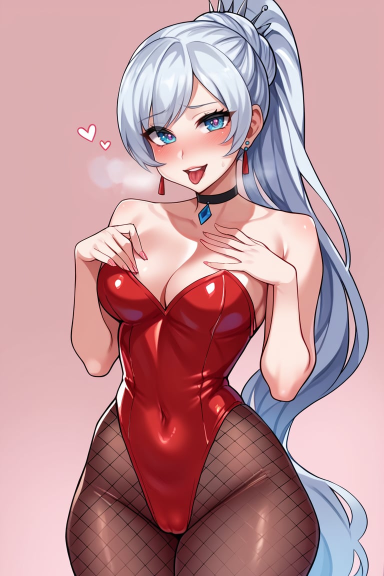 score_9, score_8_up, score_7_up, score_6_up, score_5_up, rating_explicit, (perfect hands:1.2), 2d, anime style, 1girl, weiss_schnee, blue eyes, white_hair, pony_tail, lipstick, cute, eye_scar, , :o, blush, looking at viewer, breast, wide hips, narrow waist, red leotard, fishnets, brown pantyhose, head hearts, heart-shaped pupils, heavy breathing, black choker .