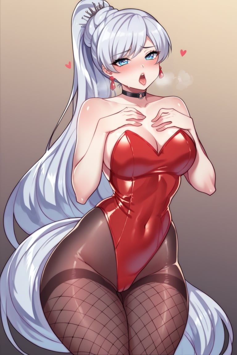 score_9, score_8_up, score_7_up, score_6_up, score_5_up, rating_explicit, (perfect hands:1.2), 2d, anime style, 1girl, weiss_schnee, blue eyes, white_hair, pony_tail, lipstick, cute, eye_scar, , :o, blush, looking at viewer, breast, wide hips, narrow waist, red leotard, fishnets, brown pantyhose, head hearts, heart-shaped pupils, heavy breathing, black choker 