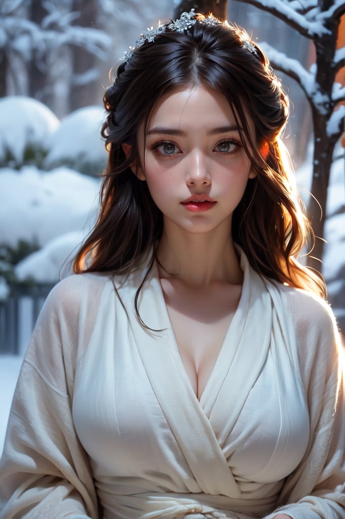 realism, photography, photorealistic, Top quality, 8K, masterpiece, snow maiden, winter night images, snowflakes, mature woman, stunning goddess shot, powerful and huge, jaw-dropping beauty, Japanese goddess, in the snow, beautiful woman with perfect body, slender abs, Highly detailed facial and skin textures, Detailed eyes, (viewed from the front), Looking into the viewer, seductive smile, Perfect proportions, Beautiful body, Detailed skin, Detailed eyes, Perfect proportions, Beautiful body, Show off your whole body, black straight hair, light brown eyes, Wearing an outer long white fur coat,　((Everything is sparkling and reflective)), The trees in the snowy field sparkle in the morning light and ice light, it's snowing, sexy, elegant, (portrait)