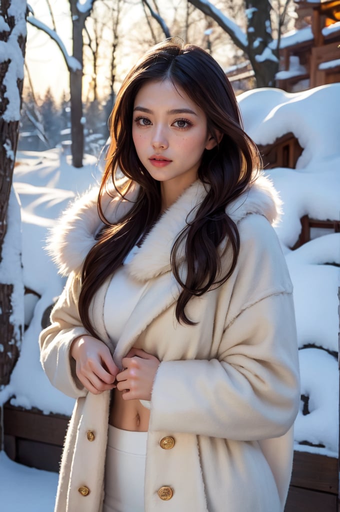 realism, photography, photorealistic, Top quality, 8K, masterpiece, snow maiden, winter night images, snowflakes, mature woman, stunning goddess shot, powerful and huge, jaw-dropping beauty, Japanese goddess, in the snow, beautiful woman with perfect body, slender abs, Highly detailed facial and skin textures, Detailed eyes, (viewed from the front), Looking into the viewer, seductive smile, Perfect proportions, Beautiful body, Detailed skin, Detailed eyes, Perfect proportions, Beautiful body, Show off your whole body, black straight hair, light brown eyes, Wearing an outer long white fur coat,　((Everything is sparkling and reflective)), The trees in the snowy field sparkle in the morning light and ice light, it's snowing, sexy, elegant, (portrait)