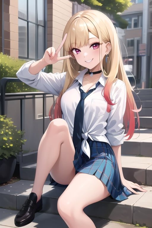 masterpiece, best quality, ultra detailed, high-resolution, 8k, detailed beautiful face and eyes,
smiling, outdoor, 

peace sign, sitting on step, smiling, leg up

kitagawa marin, 1girl, blonde hair, long hair, multicolored hair, red eyes, jewelry, earrings, piercing, school uniform, white shirt, tied shirt, black choker, blue necktie, plaid skirt

