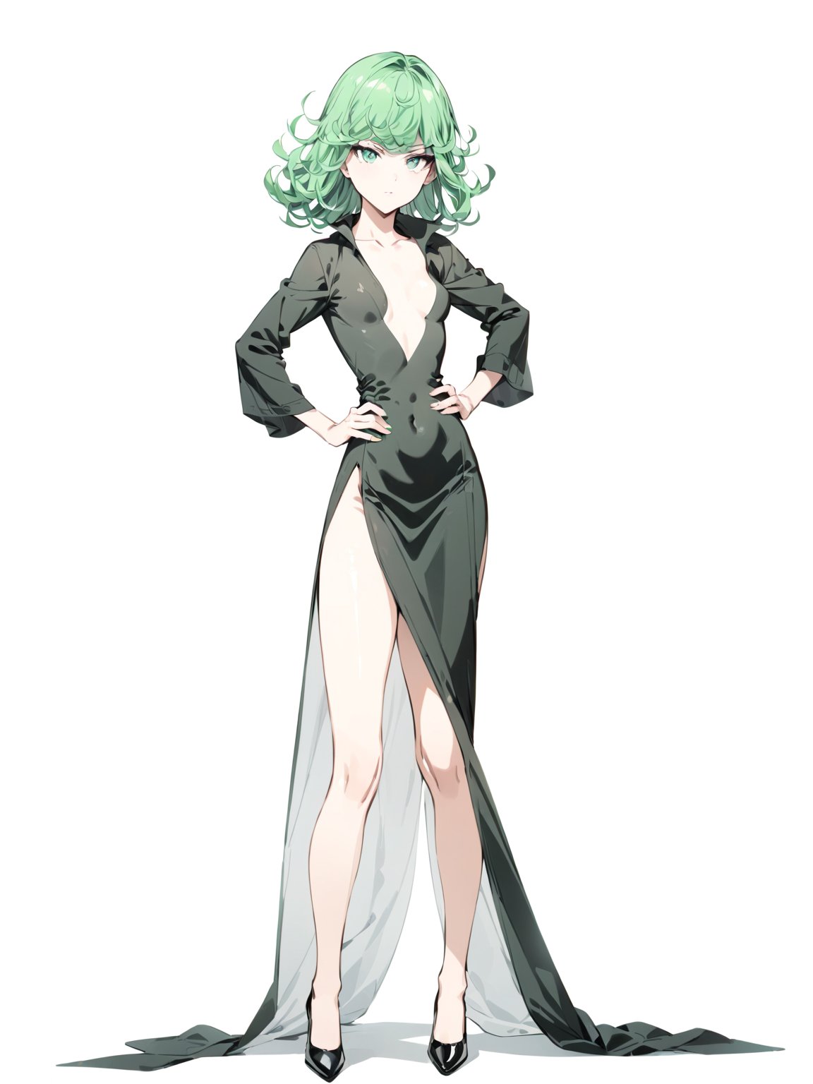 //Character, 1girl, solo,tatsumaki_opm, green eyes, green hair, curly hair, small breasts, 
//Fashion, , black dress, collarbone, bare legs, side slit, black footwear, 
//Background, simple background, 
//Quality, (masterpiece), best quality, ultra-high resolution, ultra-high definition, highres, intricate, intricate details, absurdres, highly detailed, finely detailed, ultra-detailed, ultra-high texture quality, natural lighting, natural shadow, dramatic shading, dramatic lighting, vivid colour, perfect hands, perfect fingers, perfect anatomy, 
//Others, , hands on hips