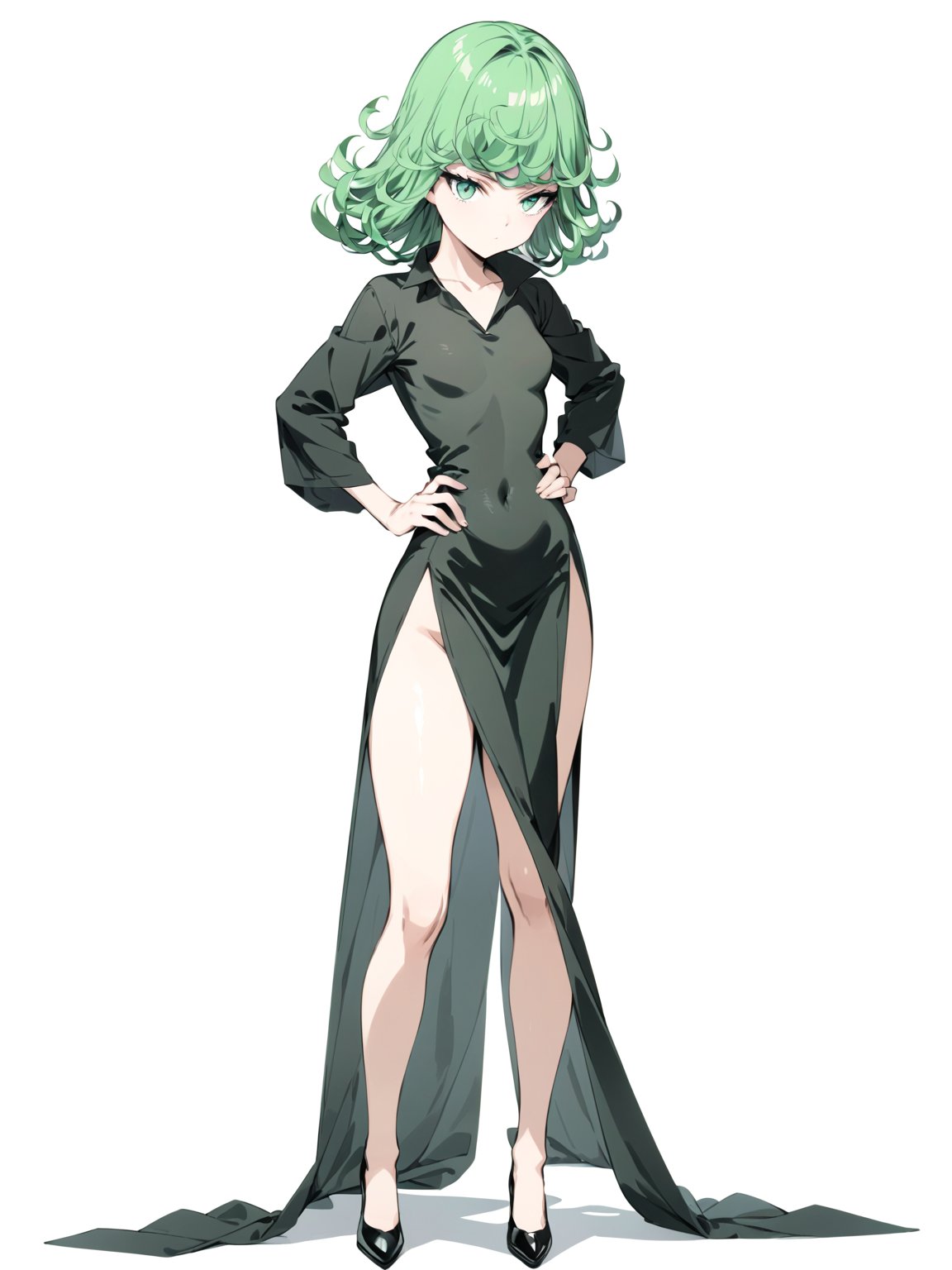 //Character, 1girl, solo,tatsumaki_opm, green eyes, green hair, curly hair, small breasts, 
//Fashion, , black dress, collarbone, bare legs, side slit, black footwear, 
//Background, simple background, 
//Quality, (masterpiece), best quality, ultra-high resolution, ultra-high definition, highres, intricate, intricate details, absurdres, highly detailed, finely detailed, ultra-detailed, ultra-high texture quality, natural lighting, natural shadow, dramatic shading, dramatic lighting, vivid colour, perfect hands, perfect fingers, perfect anatomy, 
//Others, , hands on hips