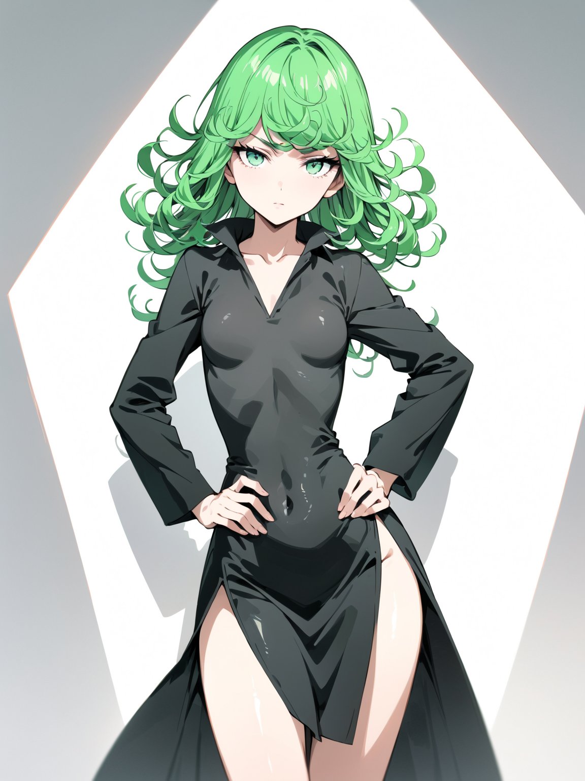 //Character, 1girl, solo,tatsumaki_opm, green eyes, green hair, curly hair, small breasts, 
//Fashion, , black dress, collarbone, bare legs, side slit, black footwear, 
//Background, simple background, 
//Quality, (masterpiece), best quality, ultra-high resolution, ultra-high definition, highres, intricate, intricate details, absurdres, highly detailed, finely detailed, ultra-detailed, ultra-high texture quality, natural lighting, natural shadow, dramatic shading, dramatic lighting, vivid colour, perfect hands, perfect fingers, perfect anatomy, 
//Others, , hands on hips