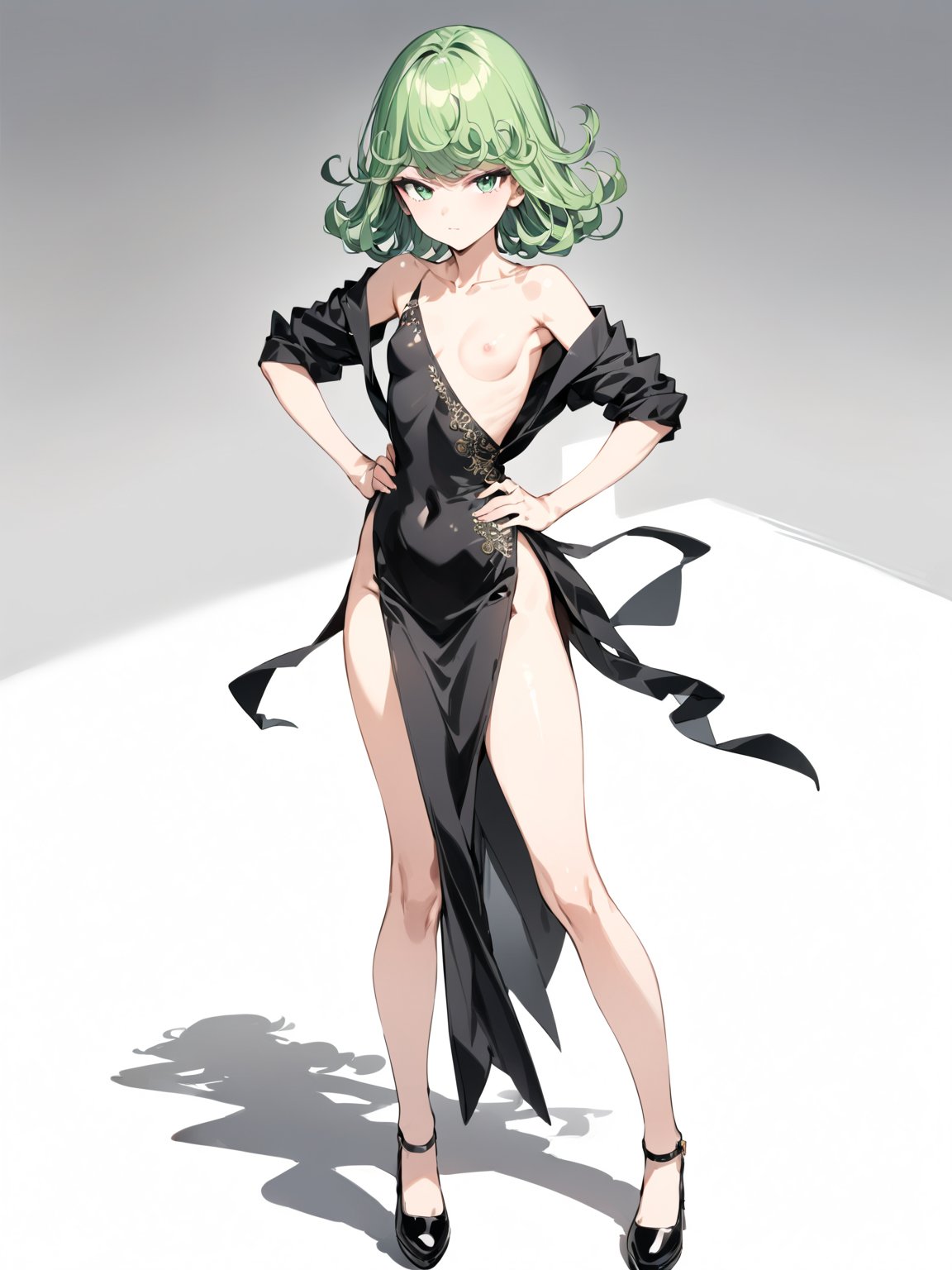 //Character, 1girl, solo,tatsumaki_opm, green eyes, green hair, curly hair, small breasts, 
//Fashion, , black dress, collarbone, bare legs, side slit, black footwear, 
//Background, simple background, 
//Quality, (masterpiece), best quality, ultra-high resolution, ultra-high definition, highres, intricate, intricate details, absurdres, highly detailed, finely detailed, ultra-detailed, ultra-high texture quality, natural lighting, natural shadow, dramatic shading, dramatic lighting, vivid colour, perfect hands, perfect fingers, perfect anatomy, 
//Others, , hands on hips