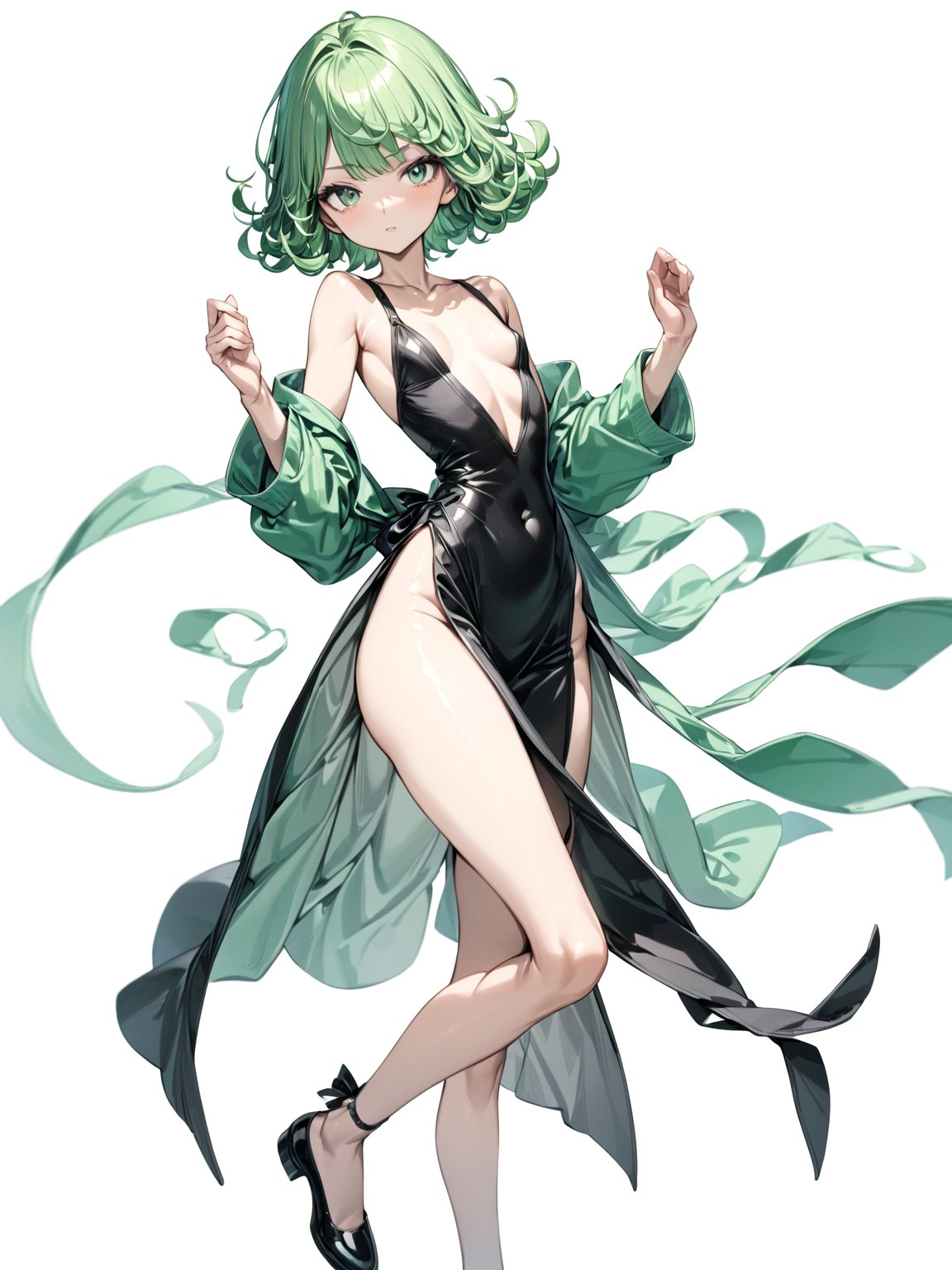 //Character, 1girl, solo,tatsumaki_opm, green eyes, green hair, curly hair, small breasts, short hair,
//Fashion, , black dress, collarbone, bare legs, side slit, black footwear, 
//Background, simple background, 
//Quality, (masterpiece), best quality, ultra-high resolution, ultra-high definition, highres, intricate, intricate details, absurdres, highly detailed, finely detailed, ultra-detailed, ultra-high texture quality, natural lighting, natural shadow, dramatic shading, dramatic lighting, vivid colour, perfect hands, perfect fingers, perfect anatomy, 
//Others, (super power, green aura)