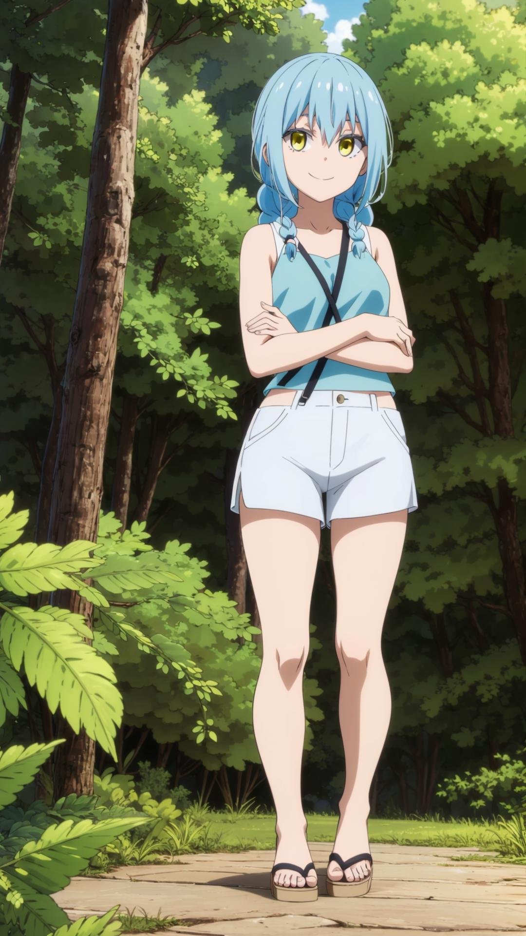 (masterpiece, best quality), ray tracing, absurdres,1girl, rimuru tempest, nikki, 1girl, solo, light blue hair, yellow eyes,hair between eyes, bangs,braid,breasts,shorts, sandals, sleeveless, nature, tree, outdoors, , , forest, white shorts ,looking at viewer,smile,<lora:rimuru nikki_03:0.8>