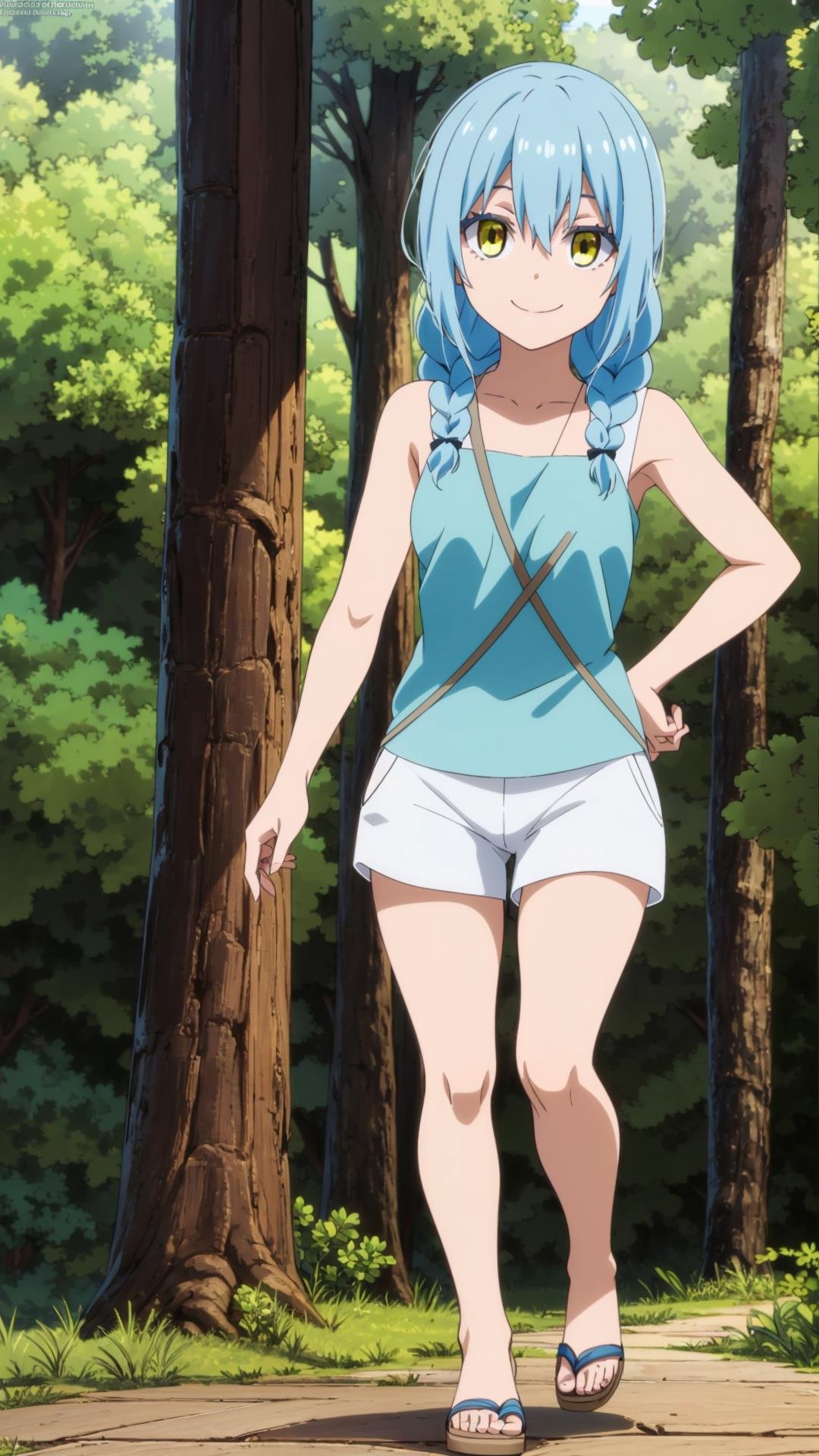 (masterpiece, best quality), ray tracing, absurdres,1girl, rimuru tempest, nikki, 1girl, solo, light blue hair, yellow eyes,hair between eyes, bangs,braid,breasts,shorts, sandals, sleeveless, nature, tree, outdoors, , , forest, white shorts ,looking at viewer,smile,<lora:rimuru nikki_03:0.8>