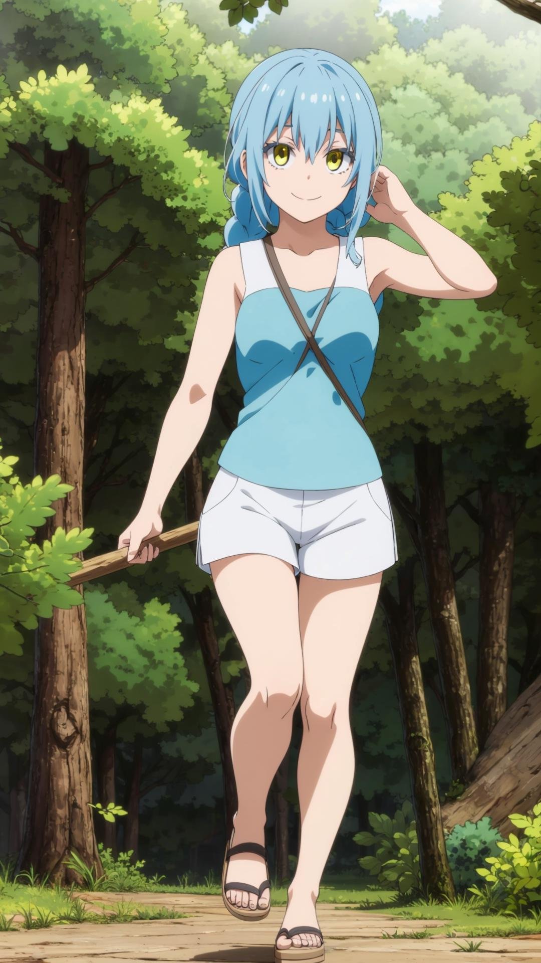 (masterpiece, best quality), ray tracing, absurdres,1girl, rimuru tempest, nikki, 1girl, solo, light blue hair, yellow eyes,hair between eyes,  bangs,braid,(breasts:1.2),shorts, sandals, sleeveless, nature, tree, outdoors, , , forest, white shorts ,looking at viewer,smile,<lora:rimuru nikki_03:0.8>