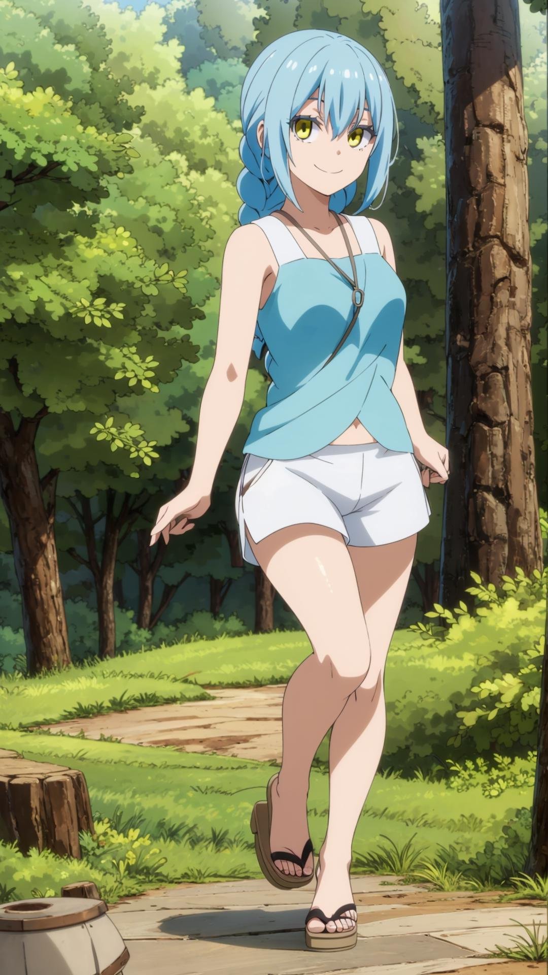 (masterpiece, best quality), ray tracing, absurdres,1girl, rimuru tempest, nikki, 1girl, solo, light blue hair, yellow eyes,hair between eyes,  bangs,braid,(breasts:1.2),shorts, sandals, sleeveless, nature, tree, outdoors, , , forest, white shorts ,looking at viewer,smile,<lora:rimuru nikki_03:0.8>