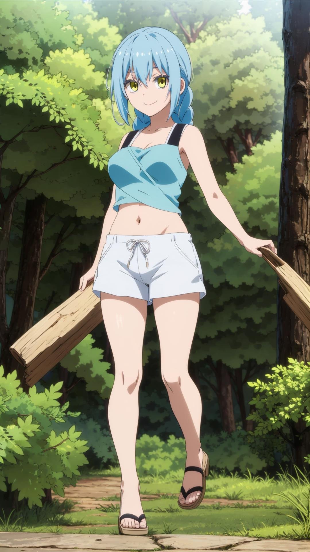 (masterpiece, best quality), ray tracing, absurdres,1girl, rimuru tempest, nikki, 1girl, solo, light blue hair, yellow eyes,hair between eyes,  bangs,braid,(breasts:1.2),shorts, sandals, sleeveless, nature, tree, outdoors, , , forest, white shorts ,looking at viewer,smile,<lora:rimuru nikki_03:0.8>