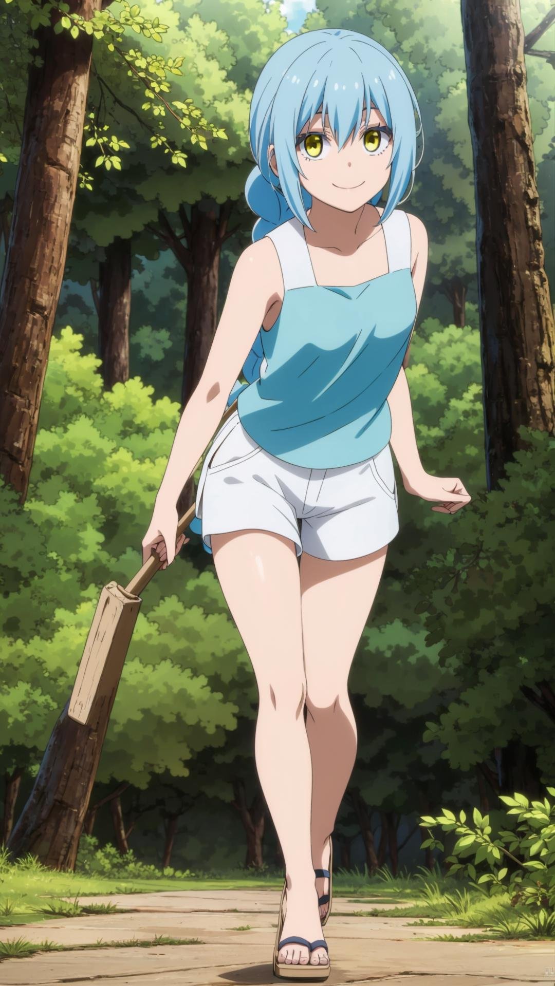 (masterpiece, best quality), ray tracing, absurdres,1girl, rimuru tempest, nikki, 1girl, solo, light blue hair, yellow eyes,hair between eyes, bangs,braid,breasts,shorts, sandals, sleeveless, nature, tree, outdoors, , , forest, white shorts ,looking at viewer,smile,<lora:rimuru nikki_03:0.8>