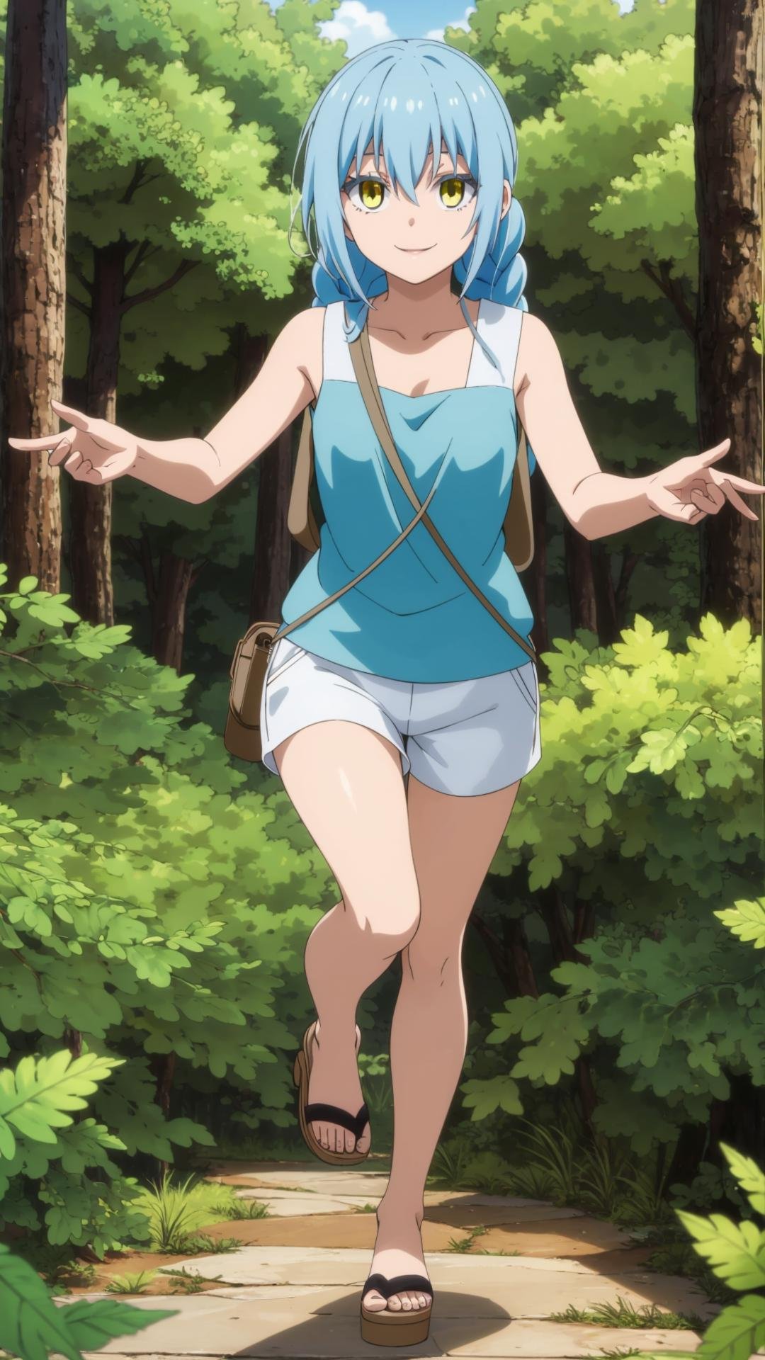 (masterpiece, best quality), ray tracing, absurdres,1girl, rimuru tempest, nikki, 1girl, solo, light blue hair, yellow eyes,hair between eyes, bangs,braid,breasts,shorts, sandals, sleeveless, nature, tree, outdoors, , , forest, white shorts ,looking at viewer,smile,<lora:rimuru nikki_03:0.8>