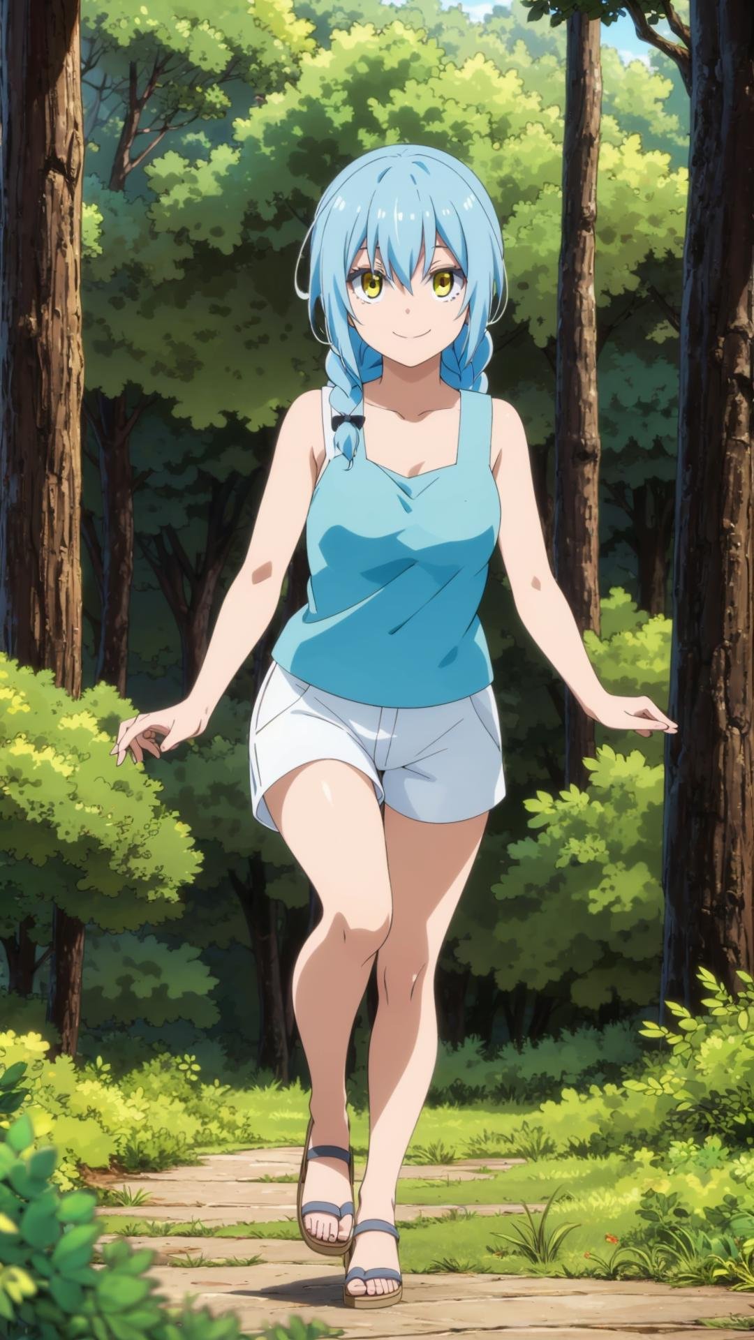 (masterpiece, best quality), ray tracing, absurdres,1girl, rimuru tempest, nikki, 1girl, solo, light blue hair, yellow eyes,hair between eyes, bangs,braid,(breasts:1.2),shorts, sandals, sleeveless, nature, tree, outdoors, , , forest, white shorts ,looking at viewer,smile,<lora:rimuru nikki_03:0.8>