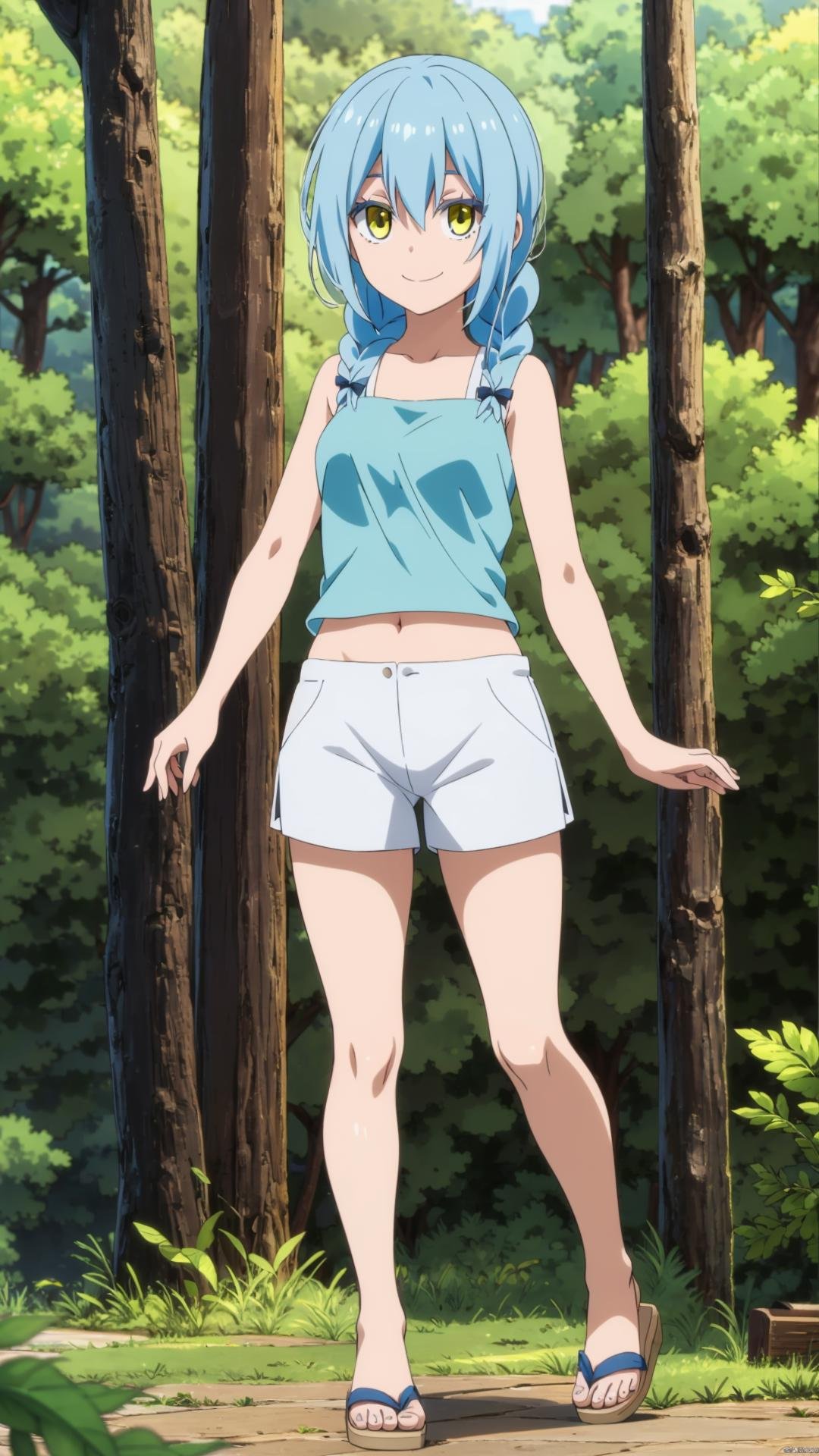 (masterpiece, best quality), ray tracing, absurdres,1girl, rimuru tempest, nikki, 1girl, solo, light blue hair, yellow eyes,hair between eyes, bangs,braid,(breasts:1.2),shorts, sandals, sleeveless, nature, tree, outdoors, , , forest, white shorts ,looking at viewer,smile,<lora:rimuru nikki_03:0.8>